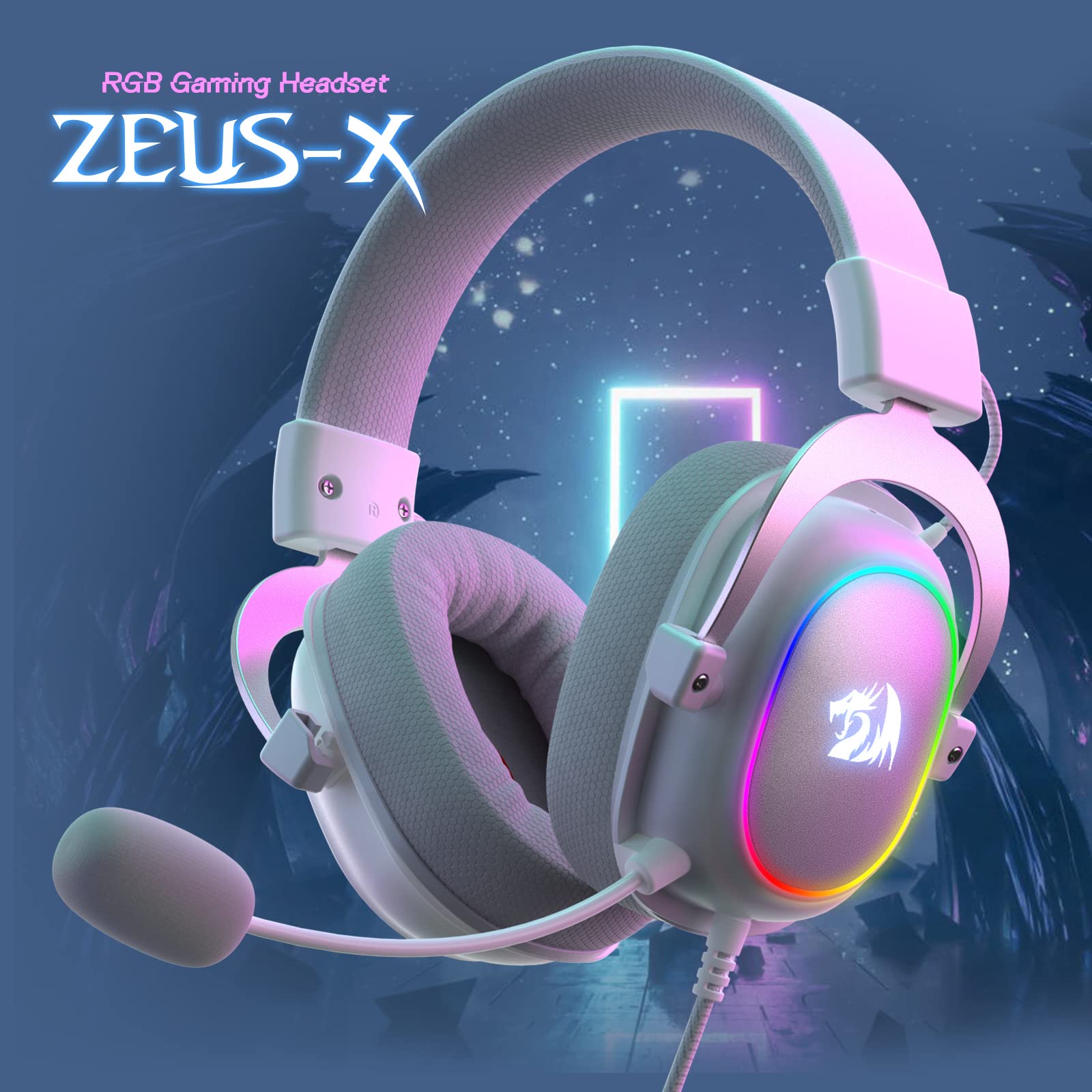 Redragon H510 Zeus X Rgb White Wired Gaming Headset   7.1 Surround Sound   53Mm Audio Drivers In Memory Foam Ear Pads W/Durable
