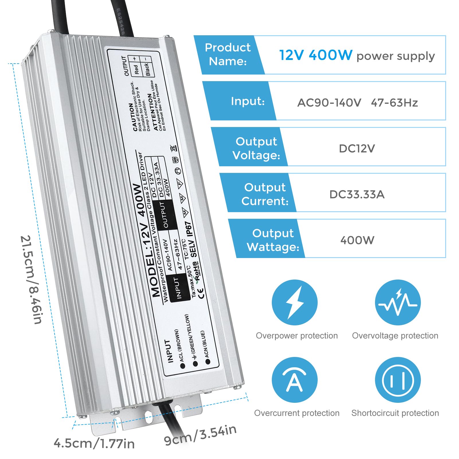 Led Driver 12V 400W, Waterproof Ip67 Led Power Supply, Ac 110V To Dc 12 Volt Low Voltage Transformer With 3 Prong Plug 3.3 Feet