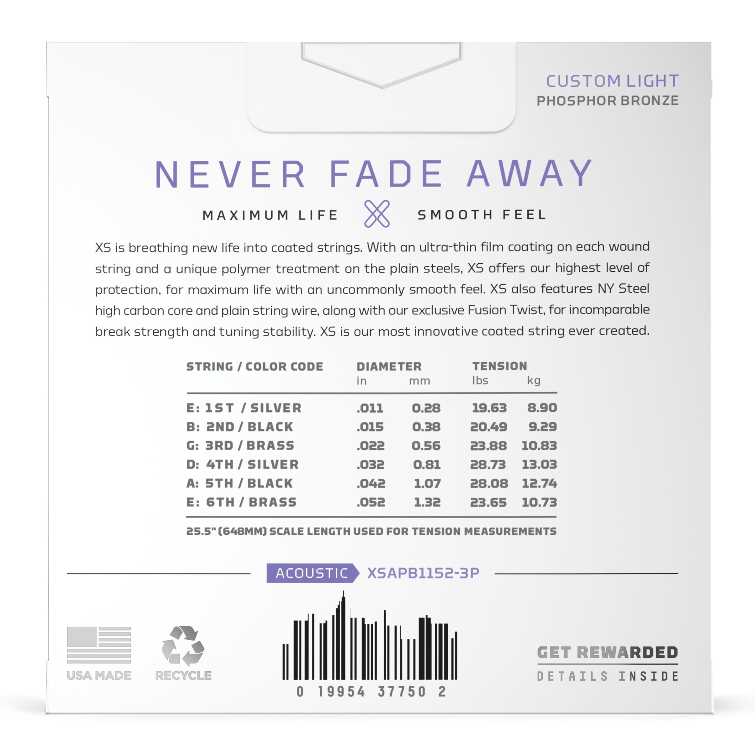 Daddario Acoustic Guitar Strings, Xs Phosphor Bronze Coated, Xsapb1152-3P, Custom Light Gauge 11-52, 6-String Set, Pack Of 3