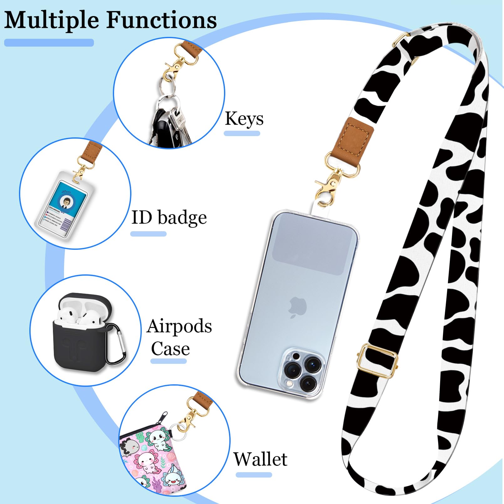 Phone Lanyard Crossbody Wrist Strap Adjustable, Cow Cell Phone Lanyard Wristlet Universal Phone Strap With 2 Phone Tether Tabs,