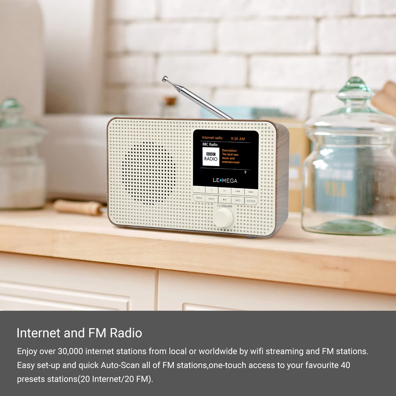 Lemega Ir1 Portable Wifi Internet Radio,Fm Digital Radio,Bluetooth Speaker,Dual Alarms Clock,Sleep Snooze Timer,40 Presets, Headphone Output,Colour Display,Batteries Or Mains Powered � Walnut Finish