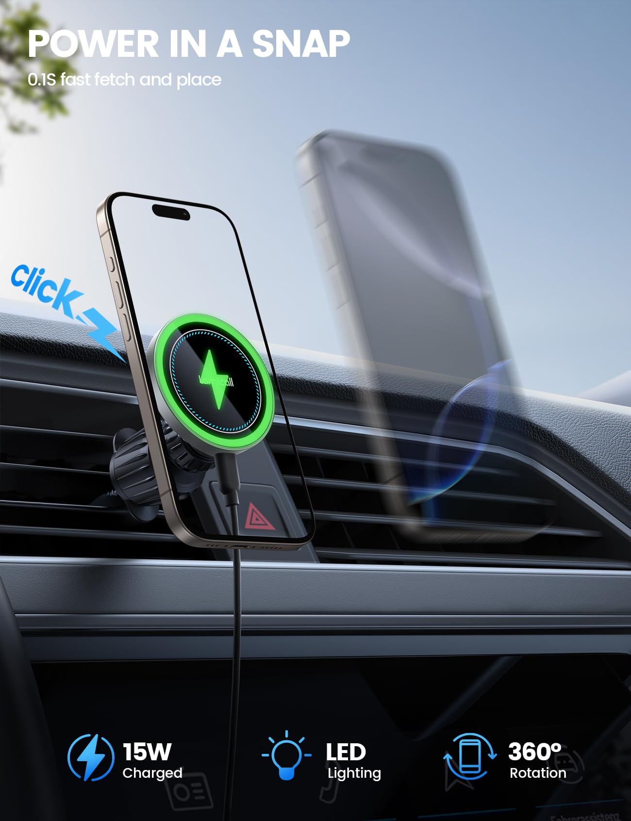 Lamicall For Mag Safe Car Mount Charger - [2025 Ultra Magnet] 15W Wireless Car Phone Holder Charger - Handsfree Magnetic Phone H