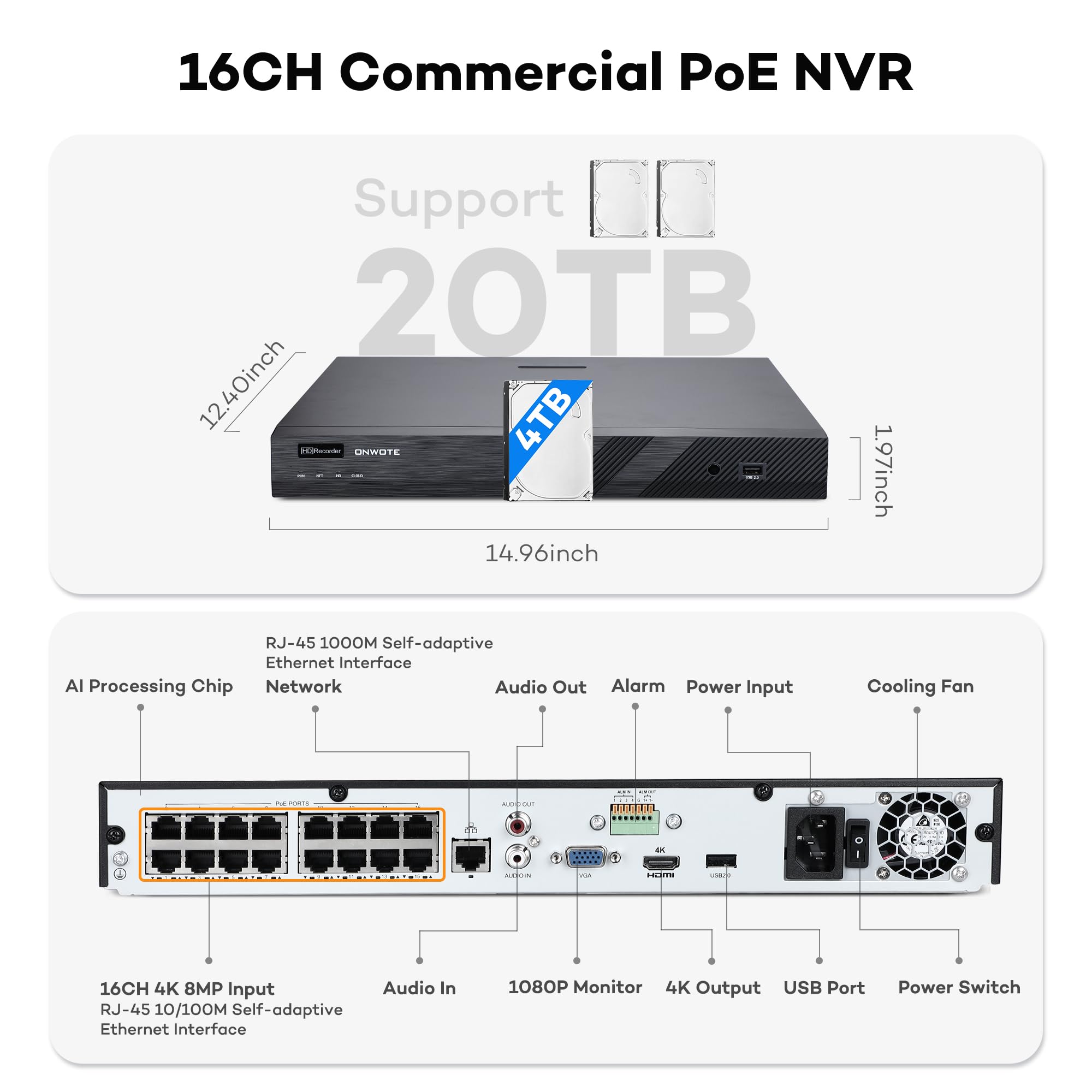 Onwote 16 Channel Nvr Poe Security Camera System, 12Mp 4K 16Ch Commercial Nvr 4Tb, 16X 6Mp Wired Outdoor 122� Ip Cameras With Audio, Ai Detection, 100Ft 60Ft Ethernet Cables, Cctv For Business Home