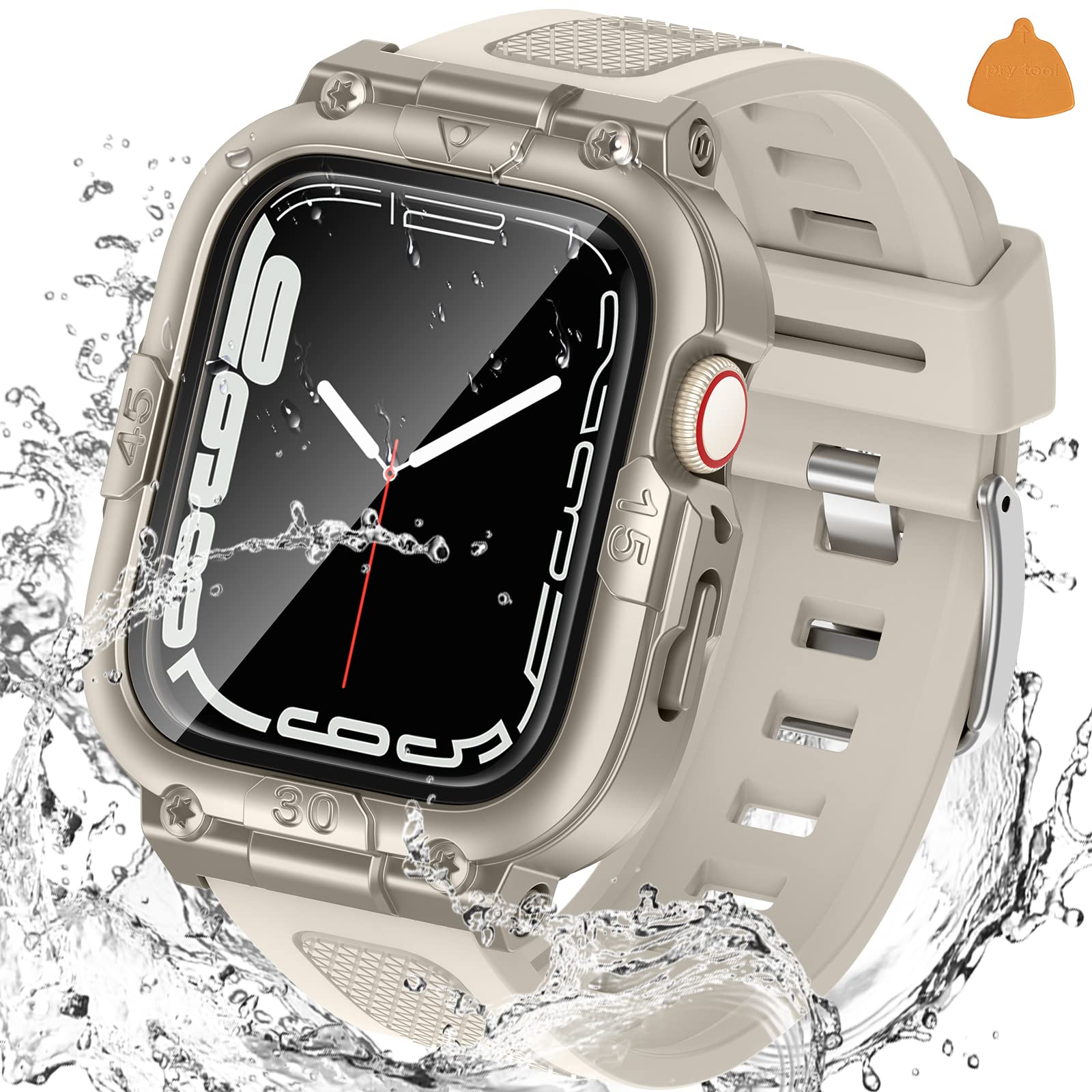 Goton 3 In 1 Waterproof Case And Band With Tempered Glass Screen Protector For Apple Watch Series 9 8 7 6 5 4 Se Ultra 44Mm 40Mm