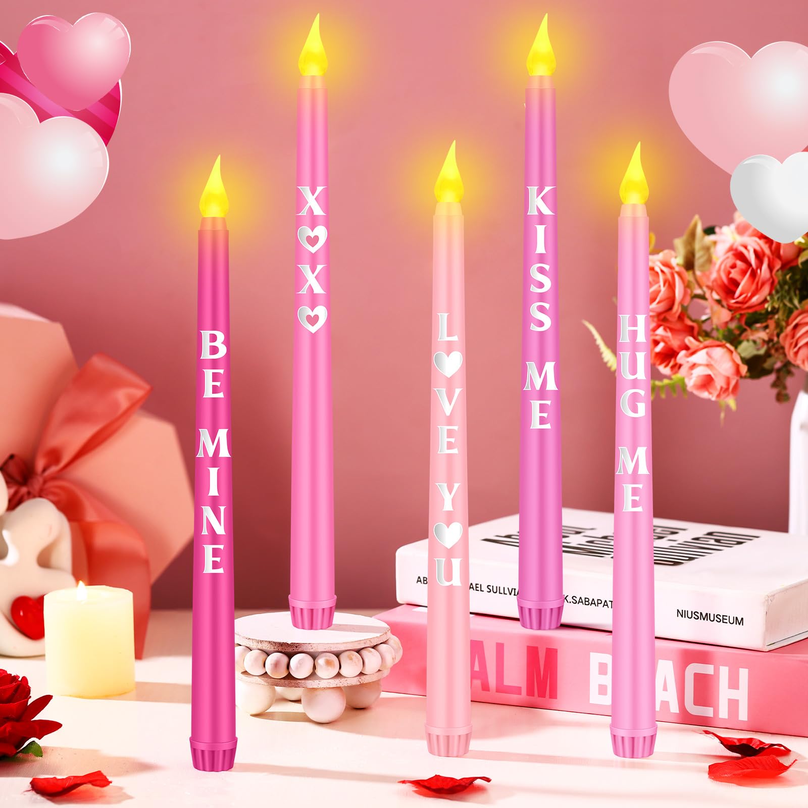 Aurelema 5 Pcs Valentines Day LED Flameless Candle Set Valentine Day Conversation Flameless Taper Candles with Words Battery Ope