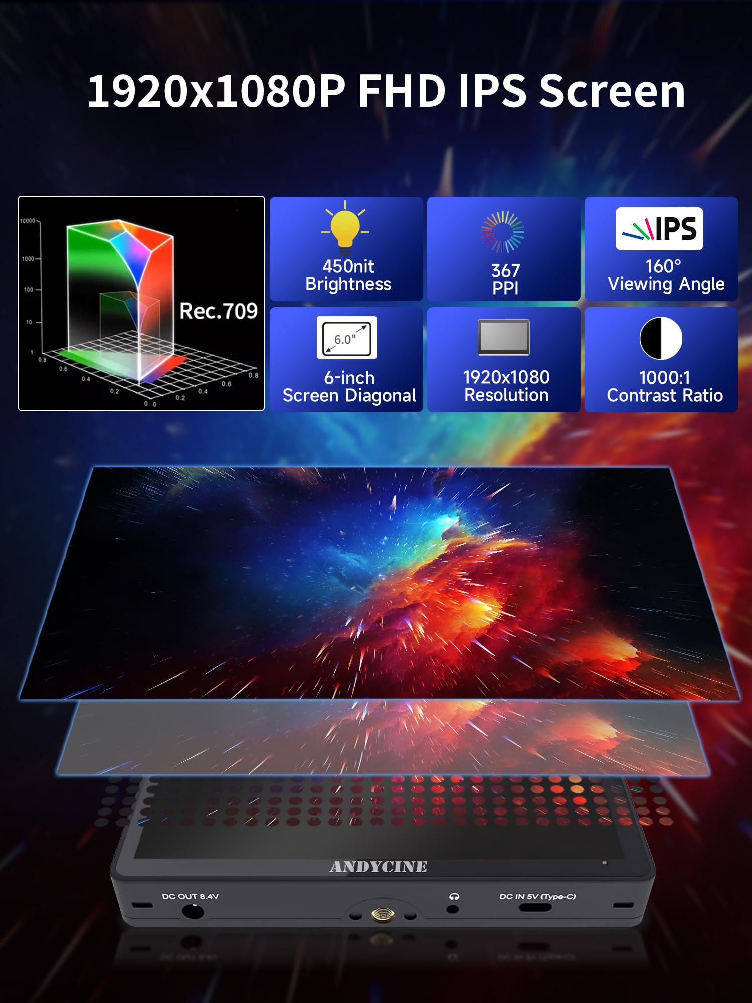 Andycine A6 Max 6 Inch Touch Screen Camera Hdmi Monitor Bundle + Battery+Carry Case+ Micro Cords With 3D Lut 1080P 4K Hdmi With