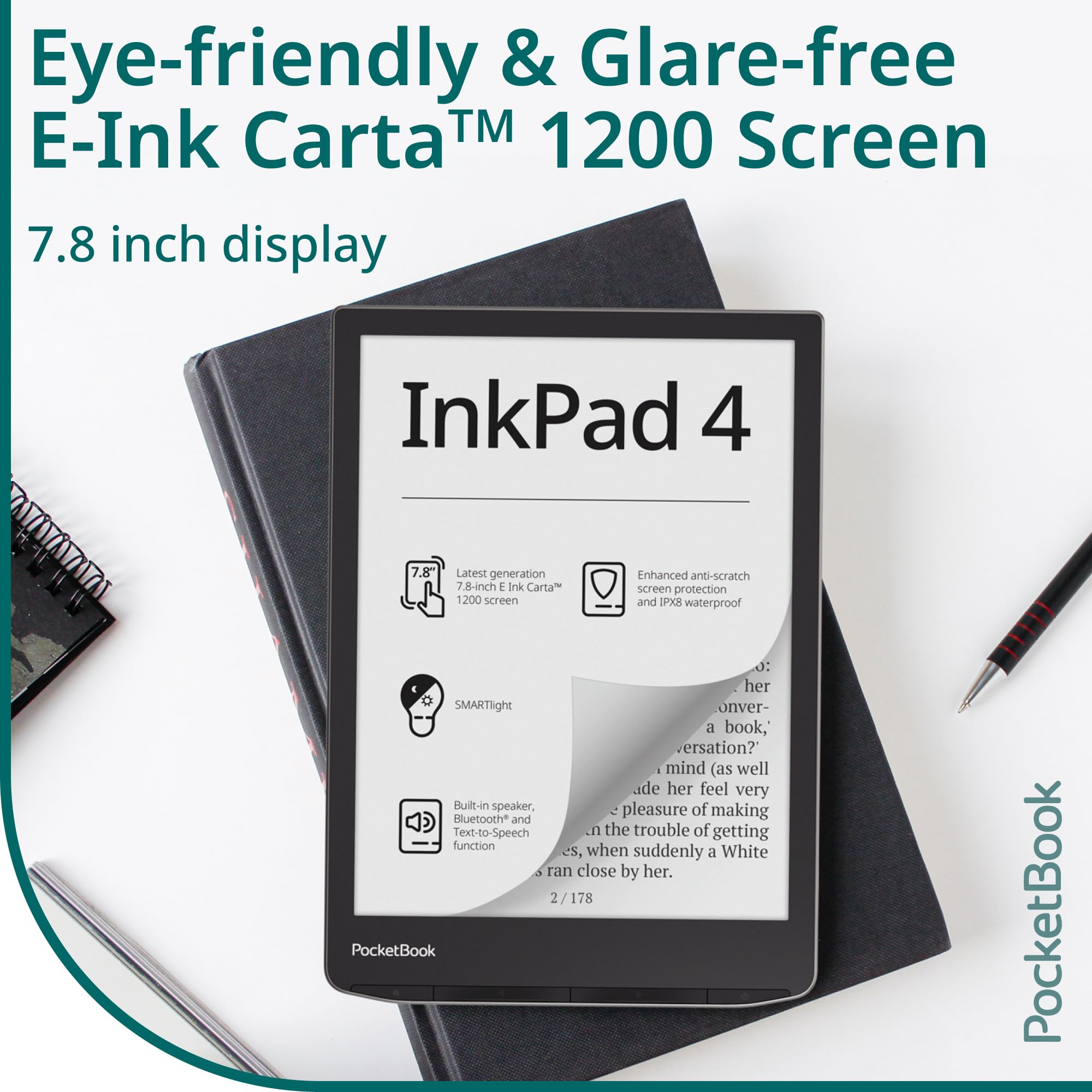 Pocketbook Inkpad 4 | Eye Friendly Audio & E Book Reader | Large 7.8'' E Ink Display | Anti Scratch Protection | Text To Speech