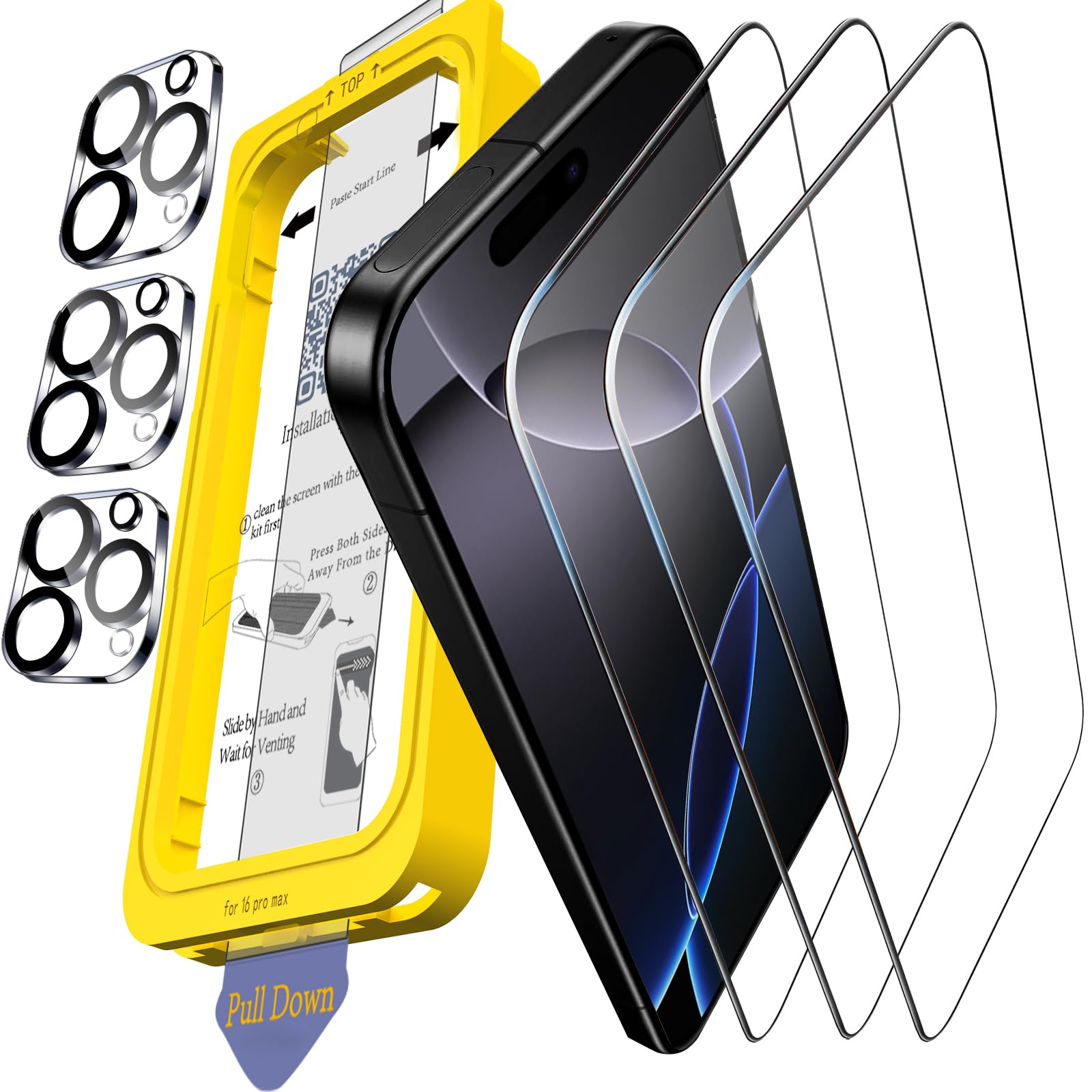 Ferilinso Full Coverage 3 Pack Screen Protector For Iphone 16 Pro Max [Phone Case Fit], 3 Tempered Glass Camera Lens Protector A