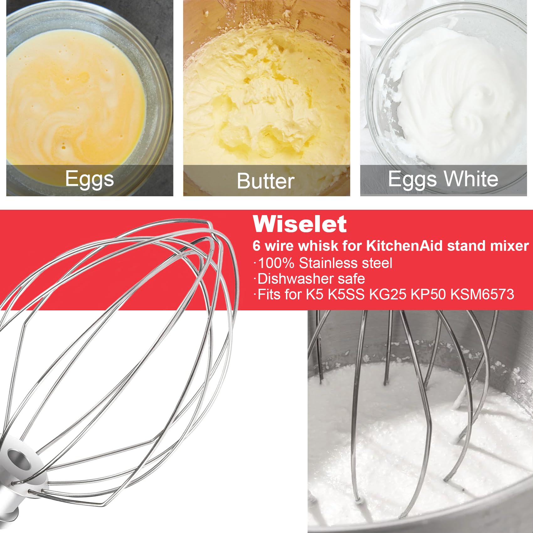 K5A Stainless Steel Whisk For Kitchenaid 5Qt Bowl Lift Mixer, Fits For K5, K5Ss, Kg25, Kp50, Ksm6573, Ksm450/500, 7.1'' Balloon