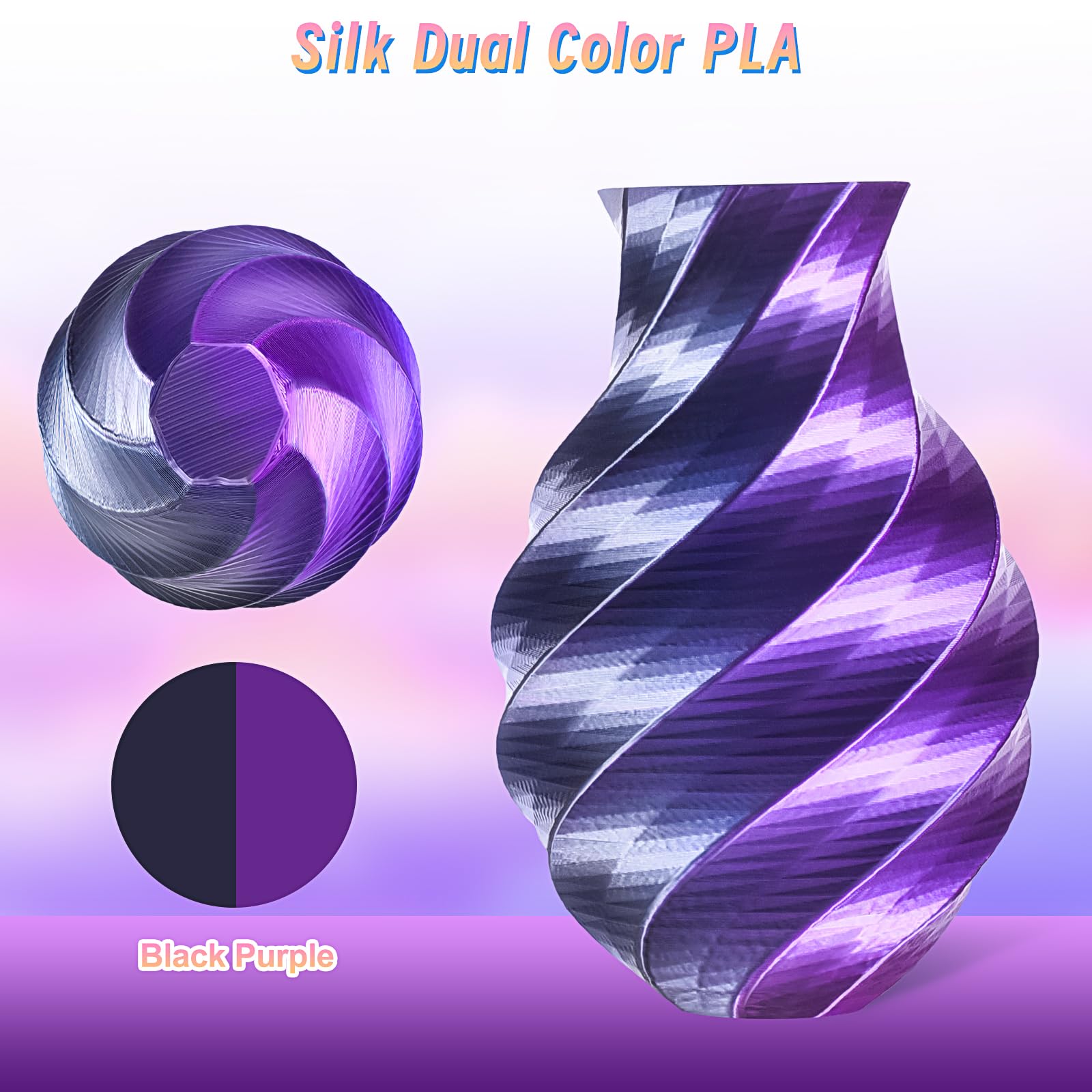 Eryone Silk Dual Color Pla Filament 3D Printer 1.75Mm +/  0.03Mm, Bicolor Filament Two Tone Pla Bundle 2Kg Cardboard Spool, Blac
