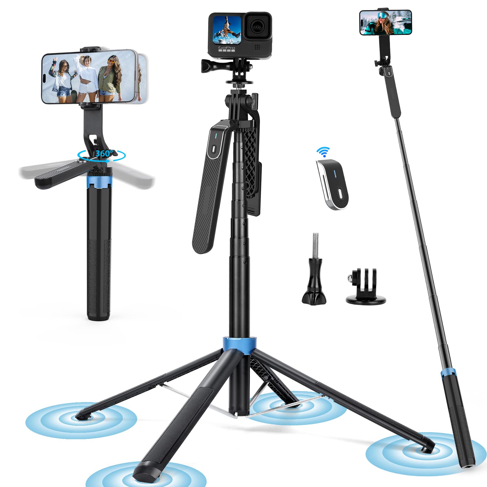 Eocean 71 Tall Selfie Stick Tripod Quadripod with Remote & with 360 Ballhead, Aluminum Alloy Extendable Cell Phone Tripod Stand,