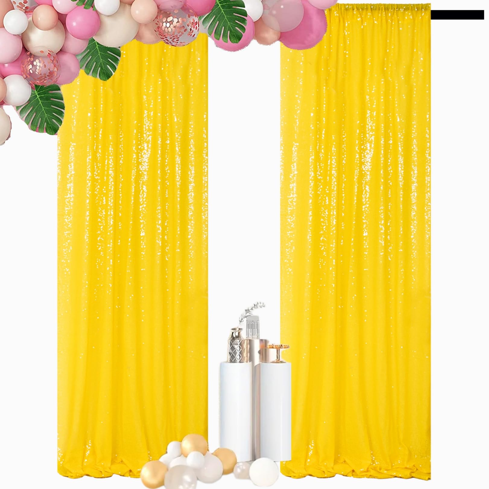DUOBAO 2FTx8FT Sequin Curtains 2 Panels Yellow Sequin Photography Backdrop for Prom Party Payette Sequin Curtain 8Ft Sequin Show