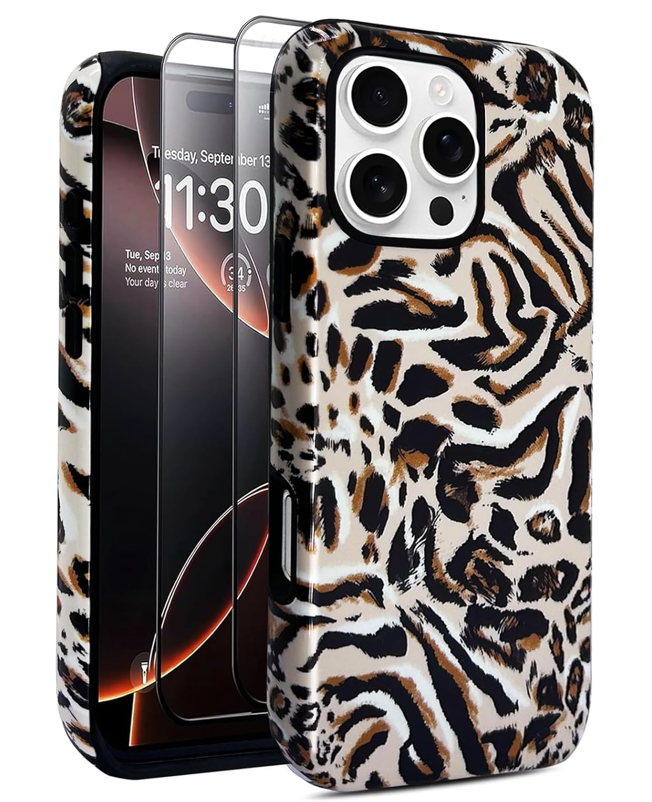 J.west Cheetah for iPhone 16 Pro Case 6.3 inch with 2 Pack Tempered Glass Screen Protectors Animal Leopard Hybrid Cover for Girl