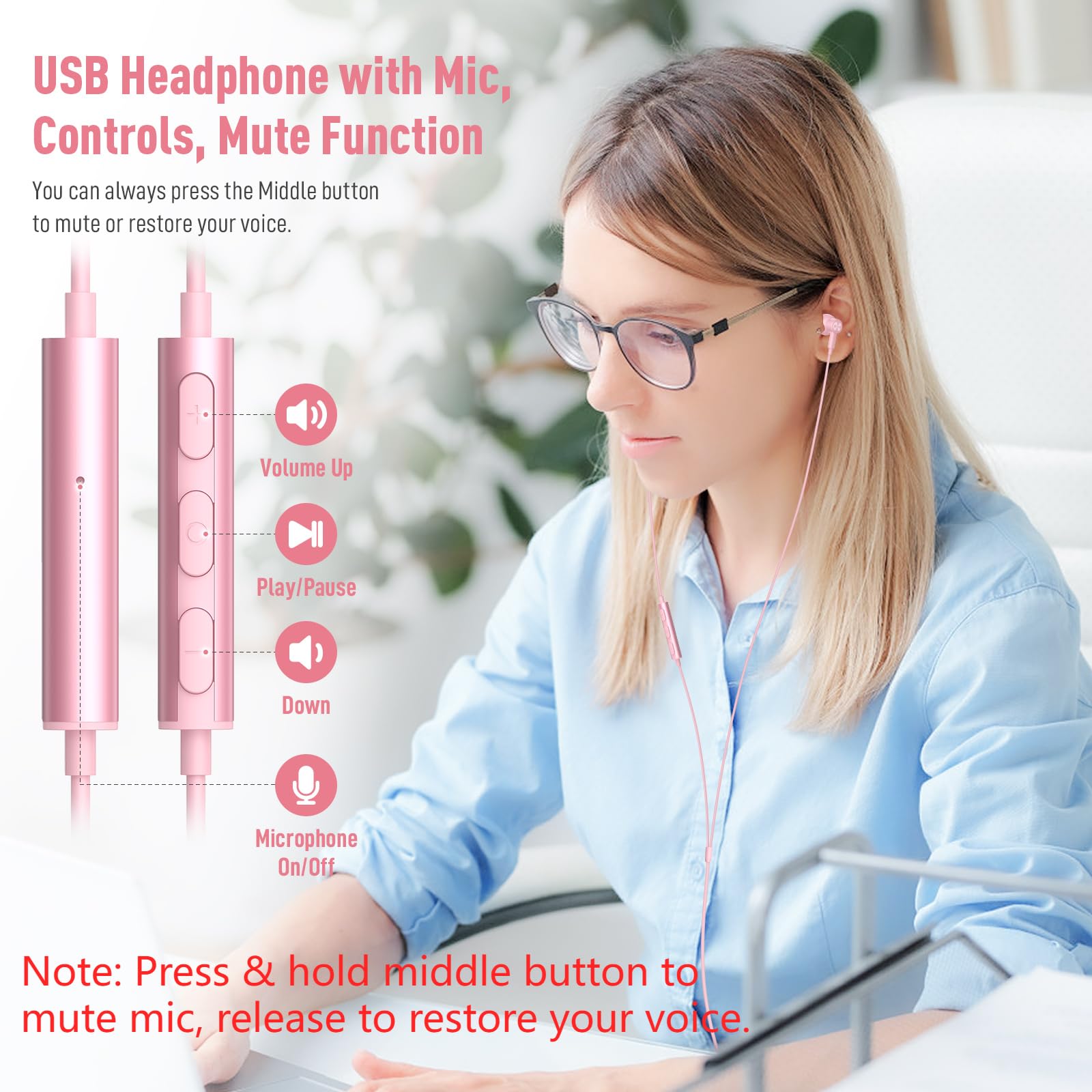 Usb Headphone For Pc Laptop Magnetic 7.5Ft Wired Earbuds Computer Headset With Microphone Control Mute Mic Lightweight Noise Iso