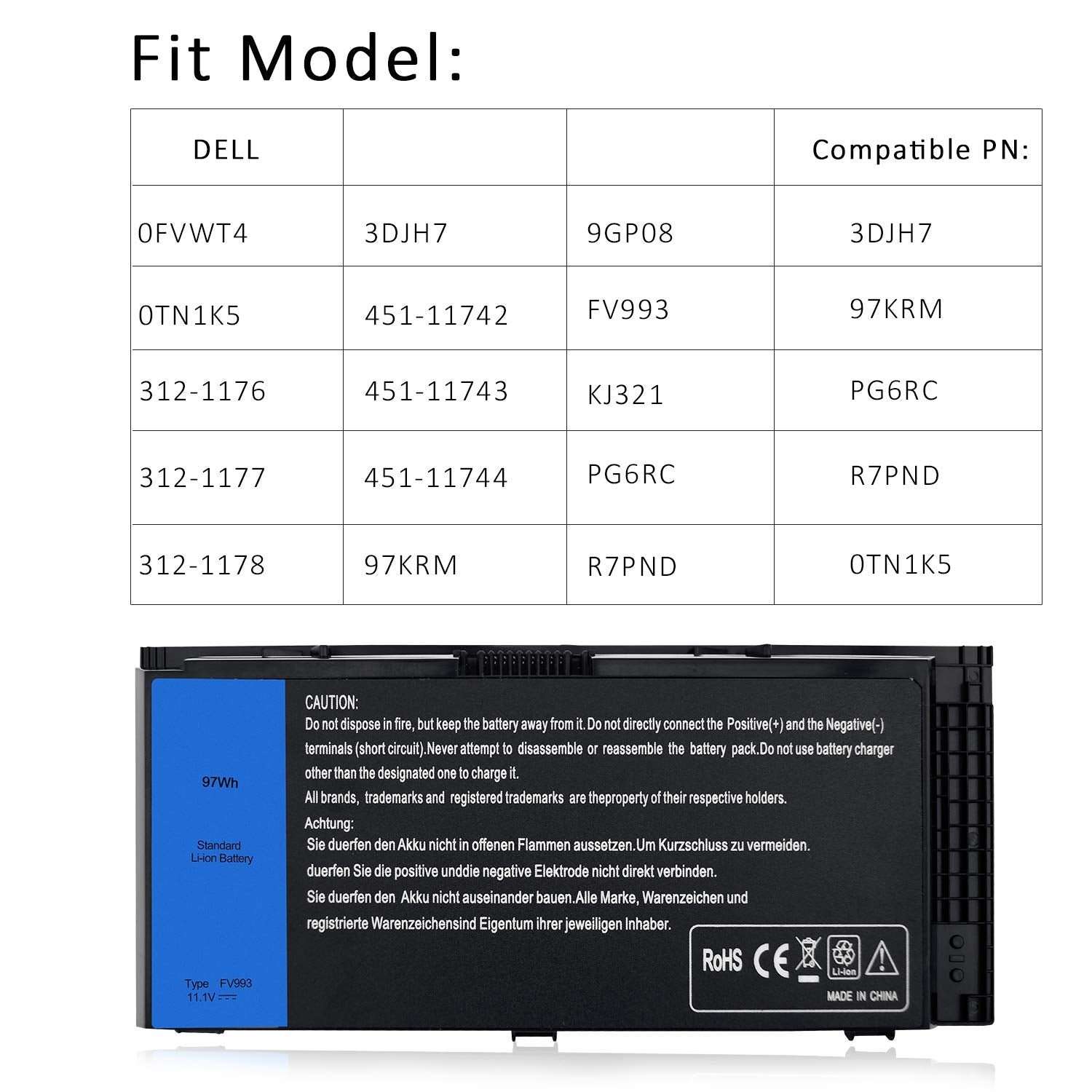 SOLICE Laptop Battery for Dell Precision M4600 M4700 M4800 M6600 M6700 M6800 Series 11.1V 97Wh FV993 Li-ion Black