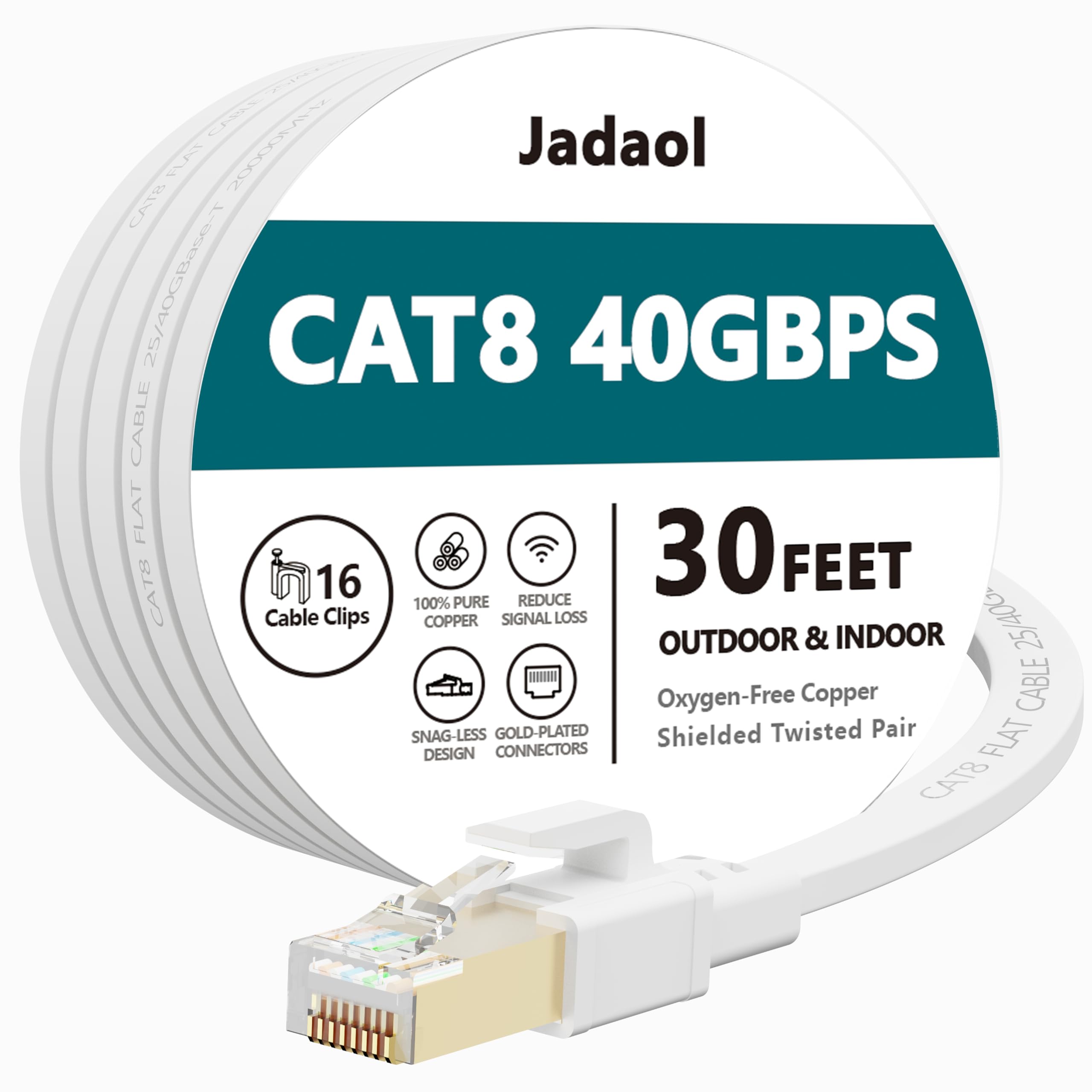 Cat8 Ethernet Cable, Outdoor&Indoor, 30 Ft Heavy Duty High Speed Cat 8 Lan Network Cable, 40Gbps 2000Mhz Rj45 Flat Internet Comp