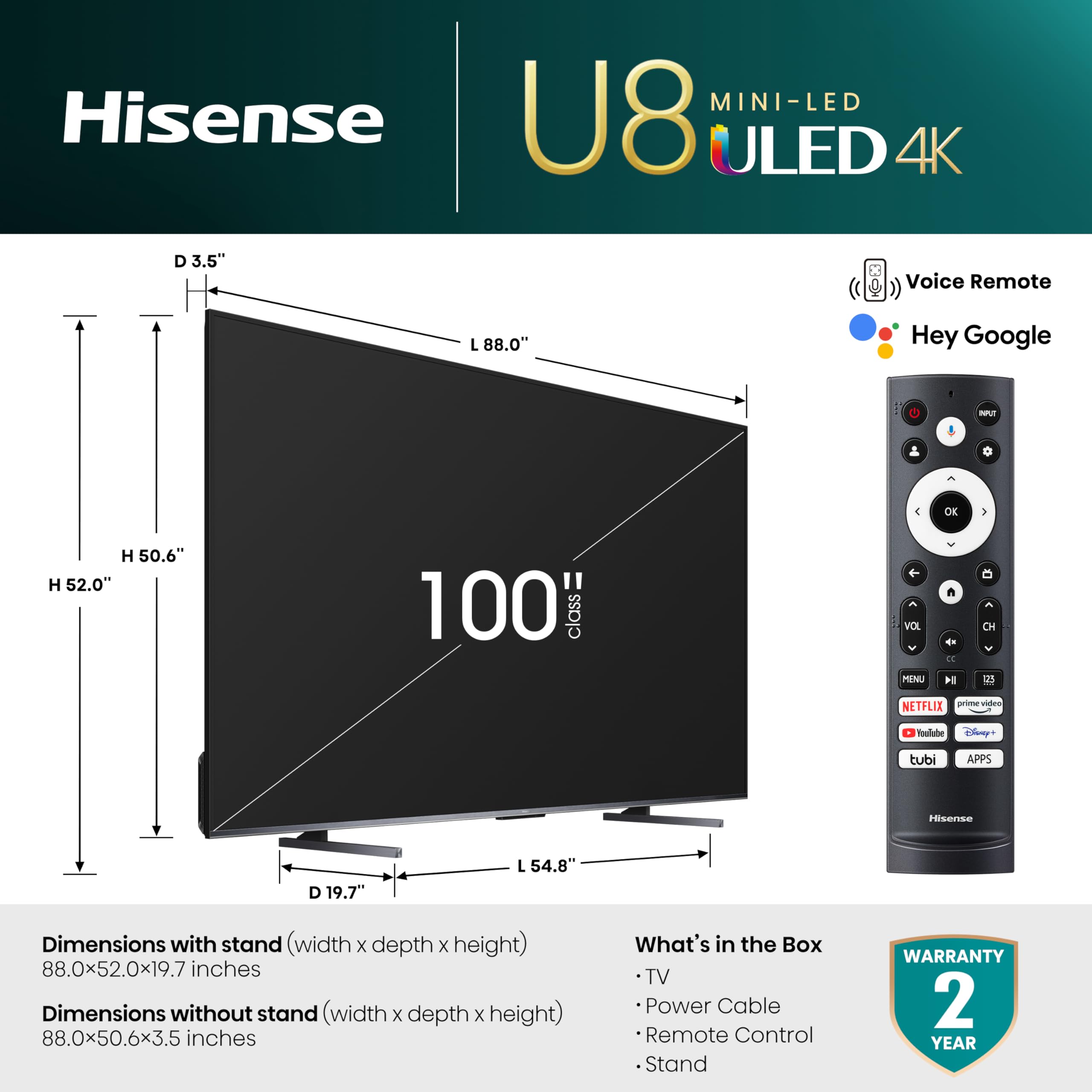 Hisense 100-Inch Class U8 Series Mini-Led Uled 4K Uhd Google Smart Tv (100U8K) - Qled, 480 Motion Rate, 144Hz Game Mode Pro, Dol