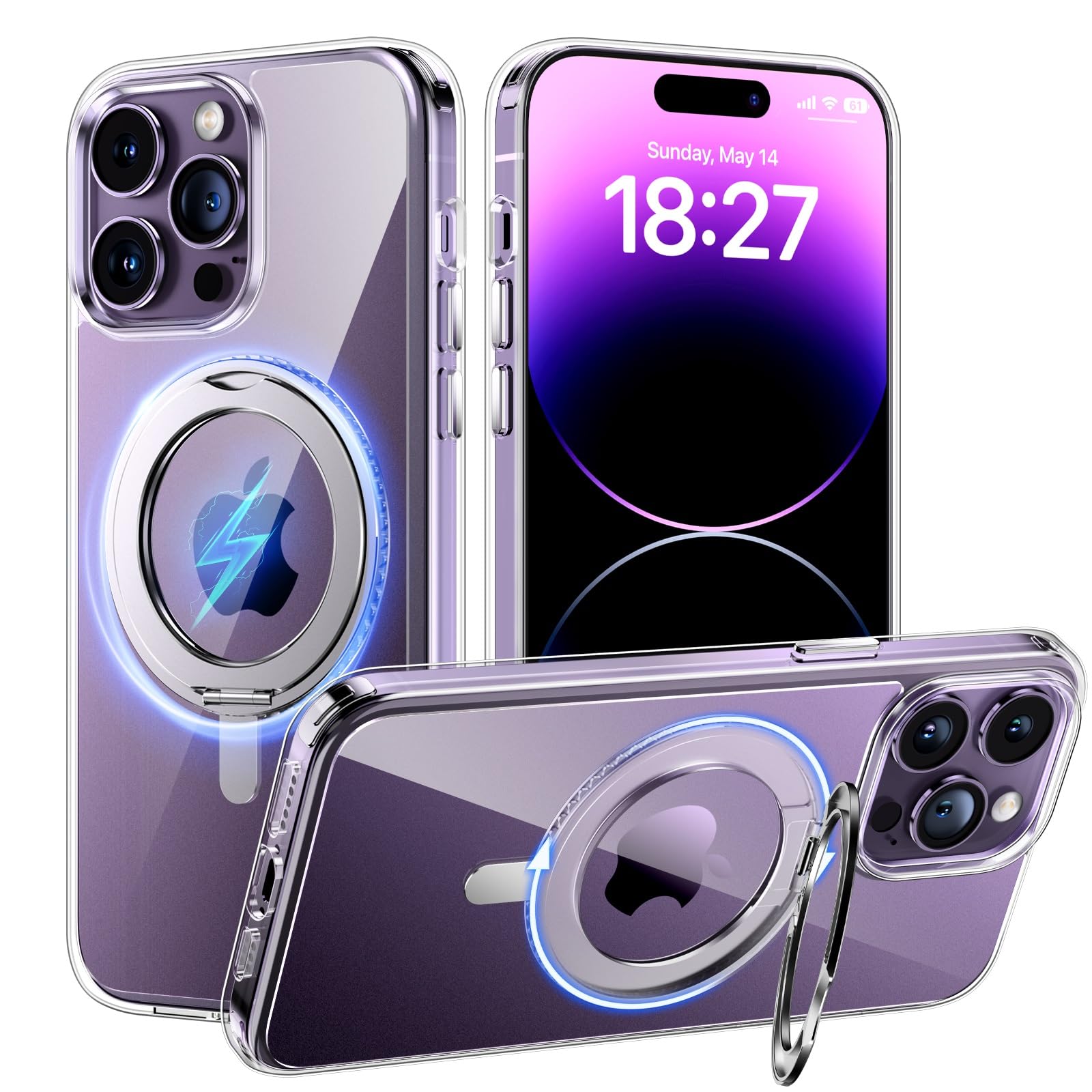 Tauri 360Rotatable Magnetic Ring For Iphone 14 Pro Max Case, [Designed For Magsafe] With Stand & Ring Holder, Clear Phone Case F