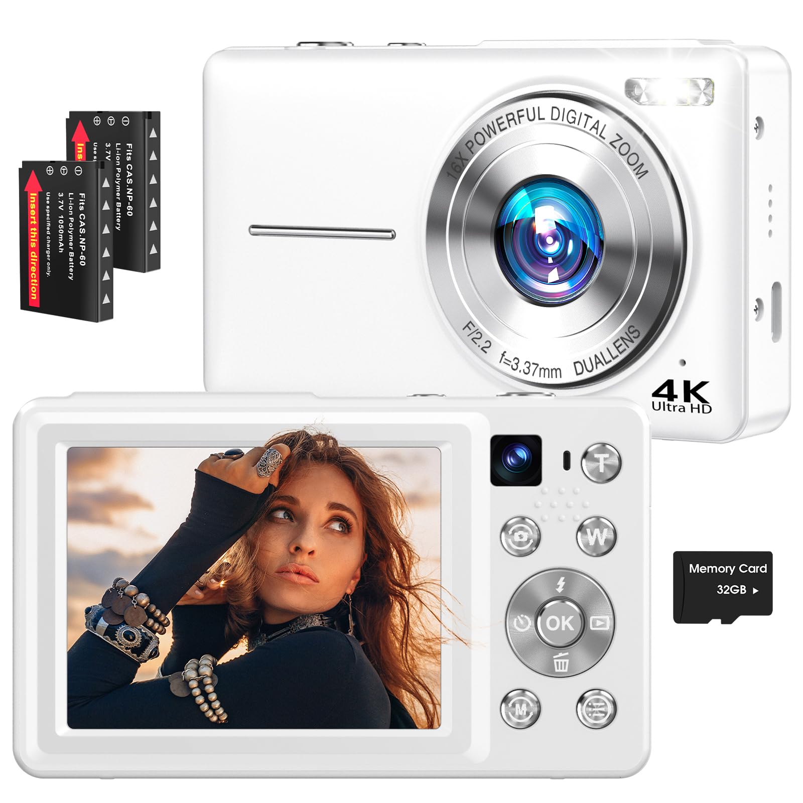 4K Digital Camera, 64MP Autofocus Vlogging Camera with Dual Lens, 16X Digital Zoom YouTube Compact Travel Point Shoot Camera for