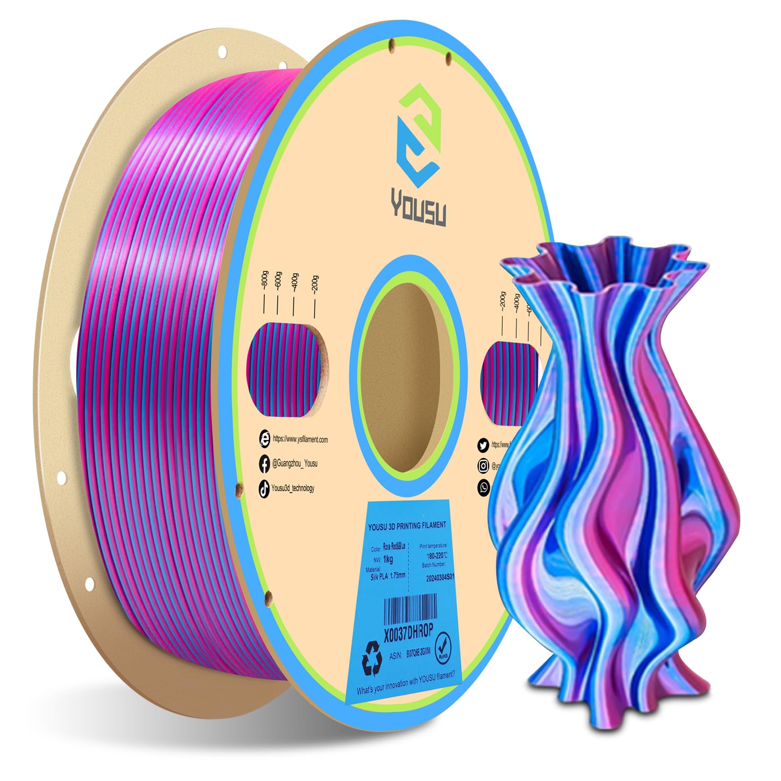 YOUSU Silk PLA Filament 1.75mm, 3D Printer Filament Dual Color Coextrusion Filament Silk Rose-Red Blue Color Change PLA, Compati