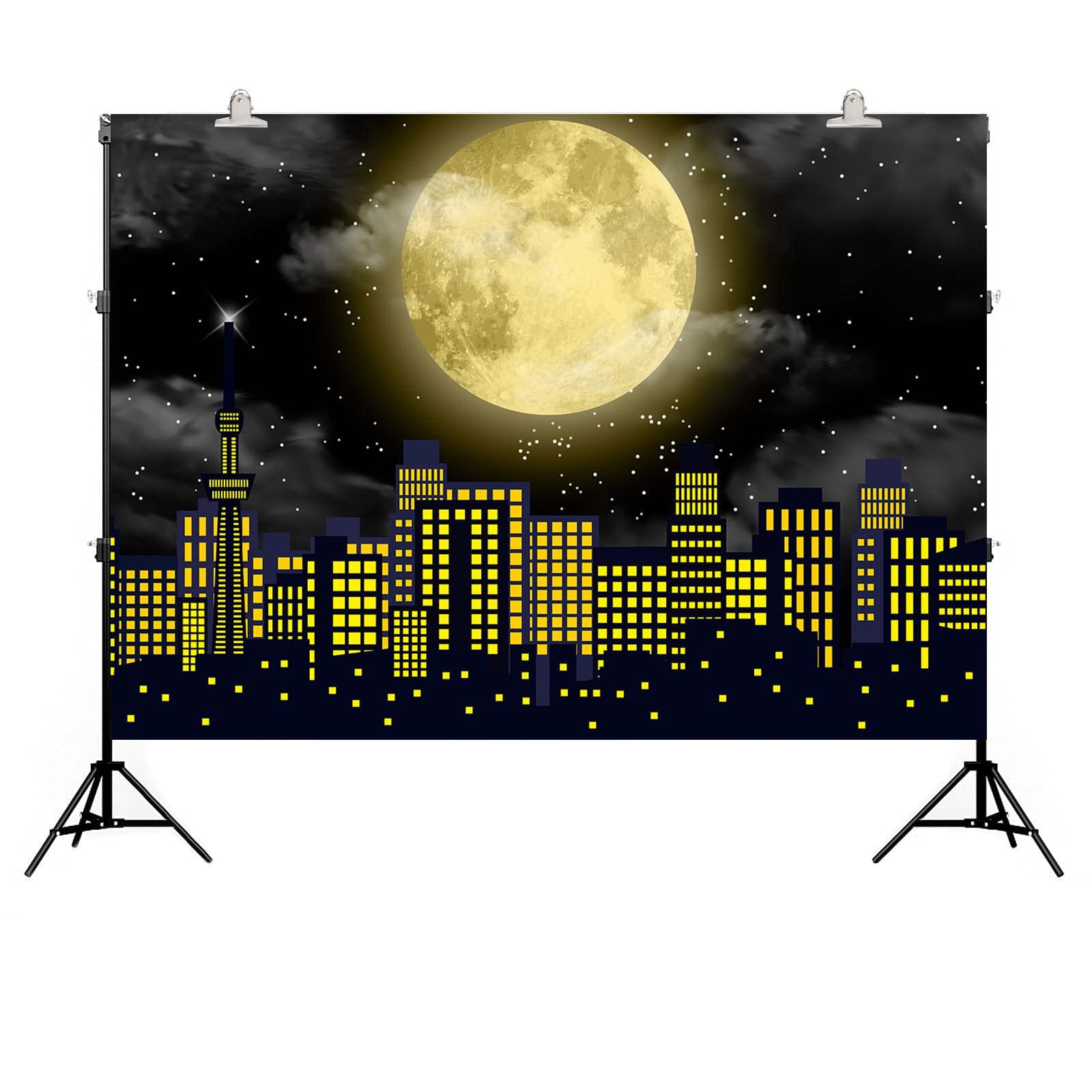 Super City Superhero Backdrop For Photography 7X5Ft Yellow Full Moon Skyline Cityscape Theme Photo Background Baby Shower Boys B