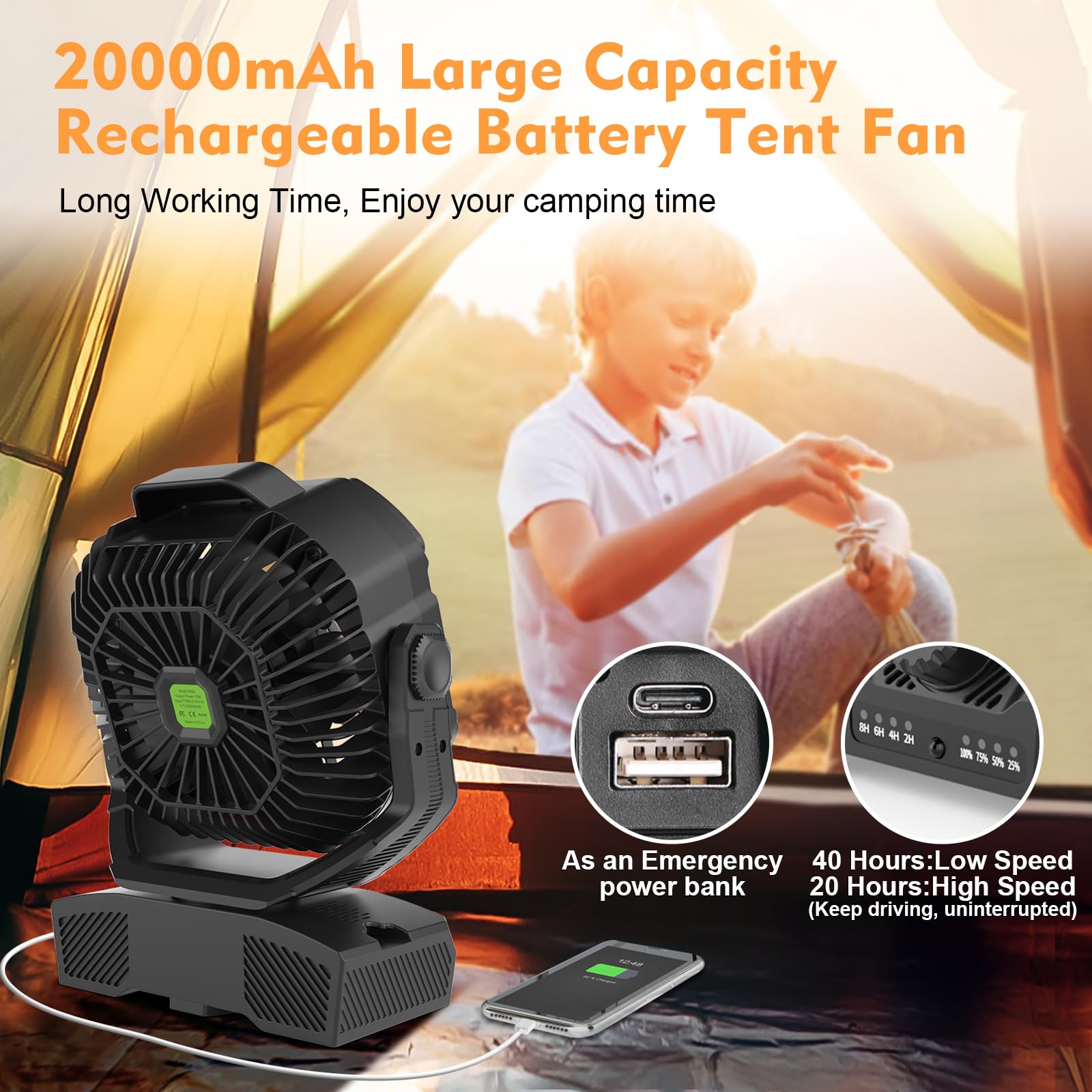 Runtop 20000Mah Camping Fan, Oscillating High Speed Rechargeable Battery Operated Fan W/Rgb Light,Remote,Hanging Hook, Outdoor P