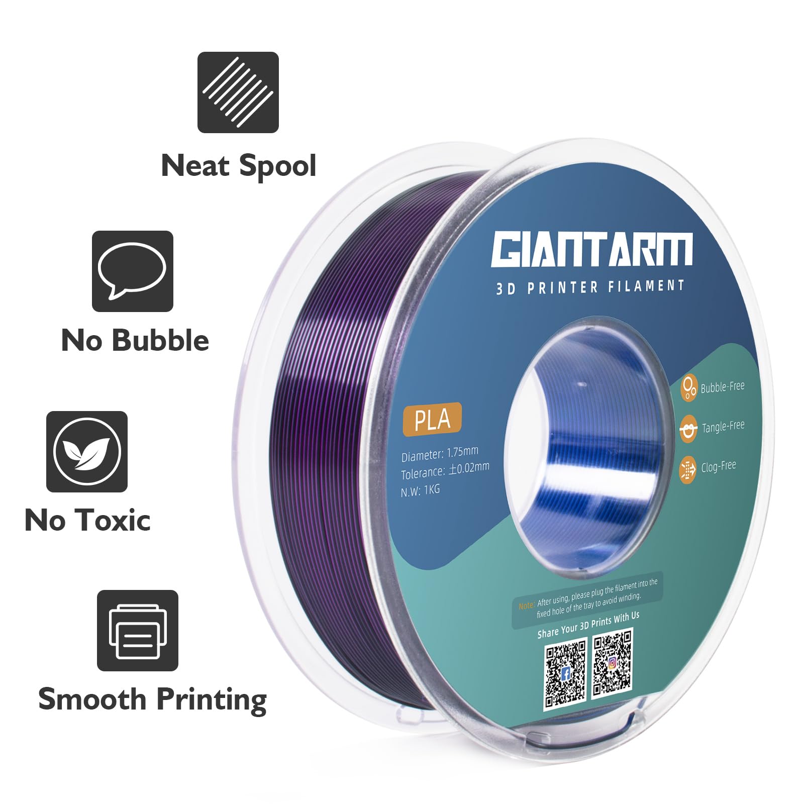 Giantarm Tri Colors, Silk Pla Filament, 3D Printer Filament 1.75Mm +/ 0.02Mm, 1Kg (2.2Lbs) Spool, Vacuum Packaging (Blue+Purple+