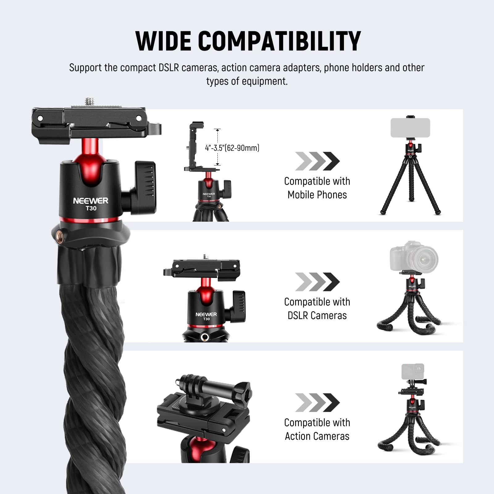 Neewer Camera Tripod With Remote, Mini Flexible Tripod Stand With Action Camera Mount Adapter For Hero 12 11 10 9, Hidden Phone