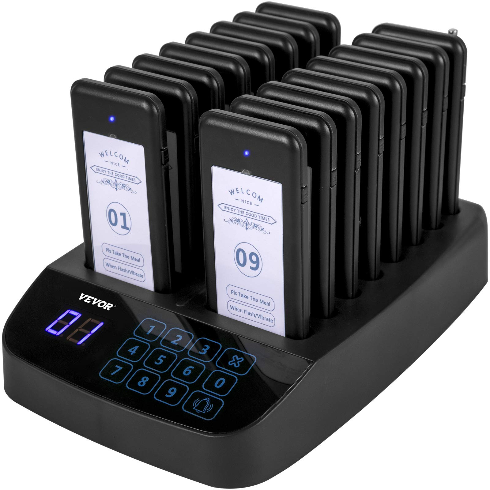 Vevor F101 Restaurant Pager System 16 Pagers, Max 98 Beepers Wireless Calling System, Touch Keyboard With Vibration, Flashing And Buzzer For Church, Nurse,Hospital & Hotel