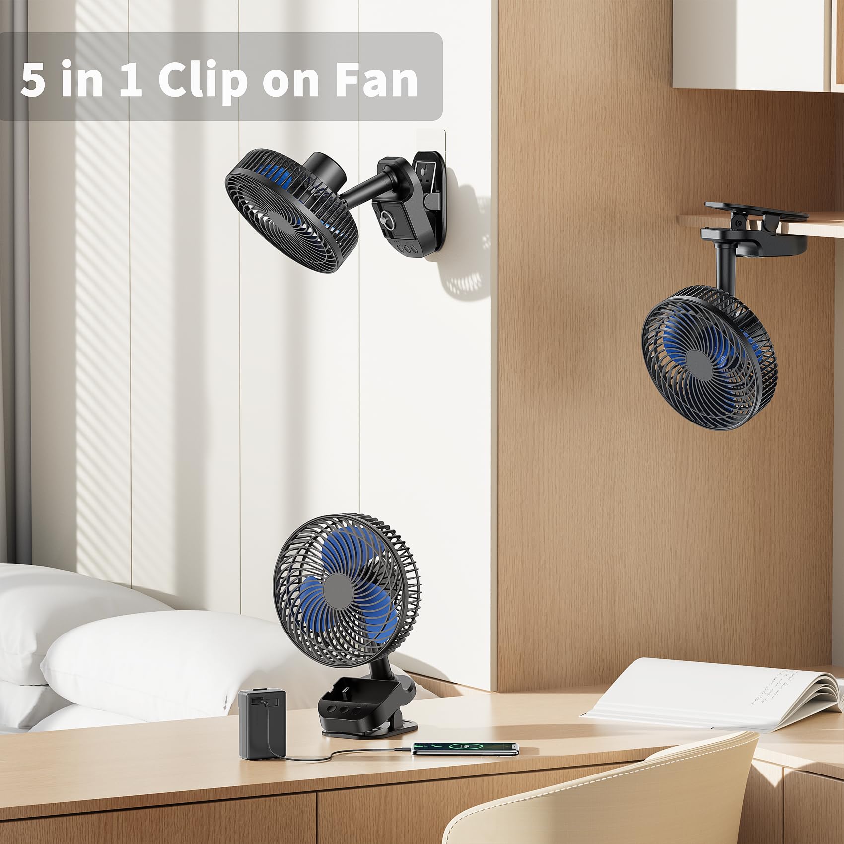 Atengeus 4 In1 Usb Fan, 8� Clip Fan, 10000Mah Rechargeable Table Fan, 5 Speeds Battery Operated Fan, 45�/90� Automatic Rotation, 3 Time Setting, With Clip & Hook For Homes, Offices, Bedroom