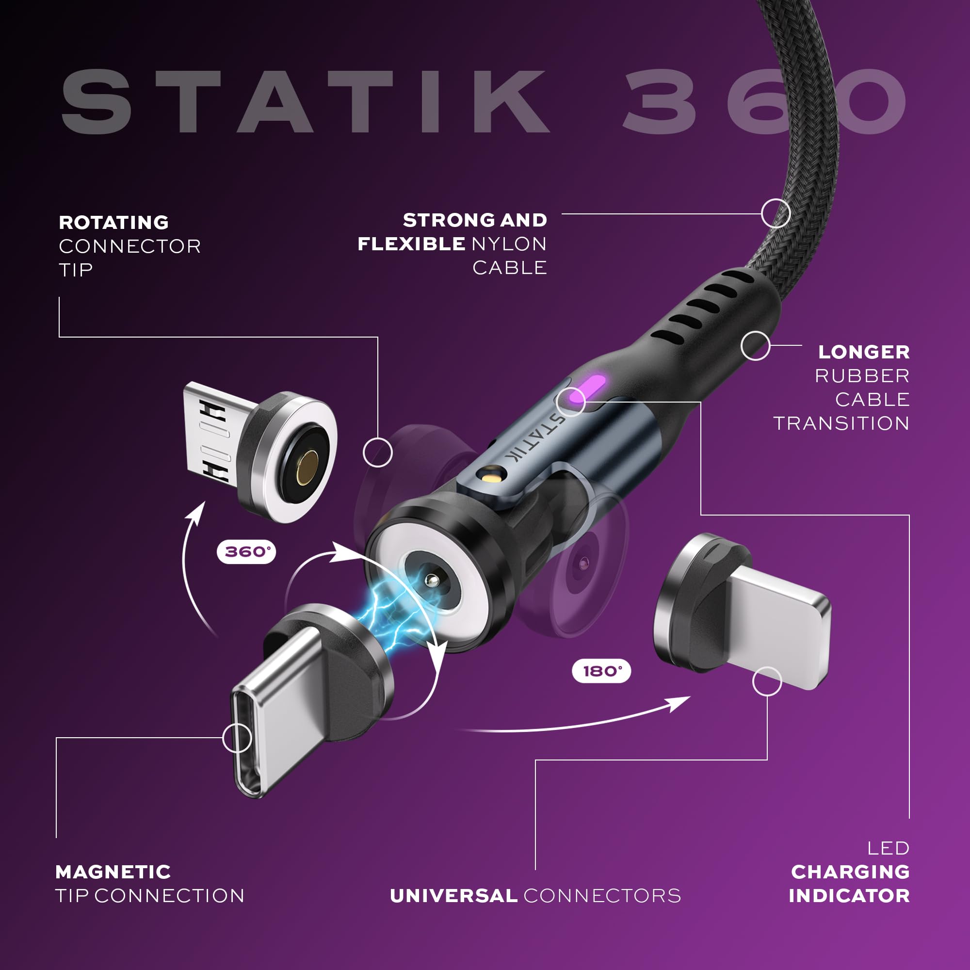 Statik 360 Rotating Magnetic Charging Cable   Magnetic Usb C Charging Cable, 3 Interchangeable Magnetic Tips, Iproduct, Micro Us