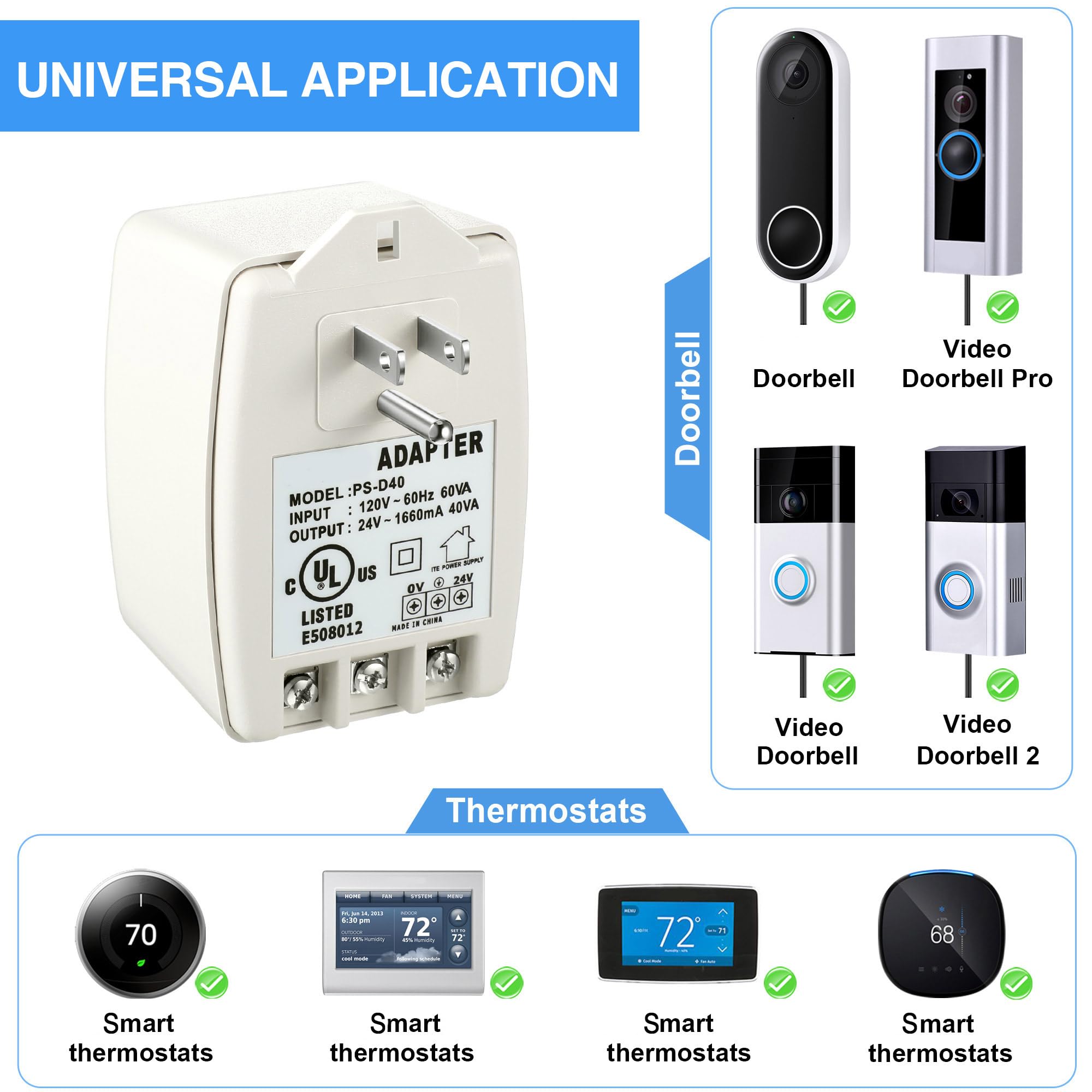 Hotop 1 Pack 24 Volt Transformer, 40 Va Ac Transformer Plug In With Ptc Fuse Competible With All Versions Of Ring Doorbell And T