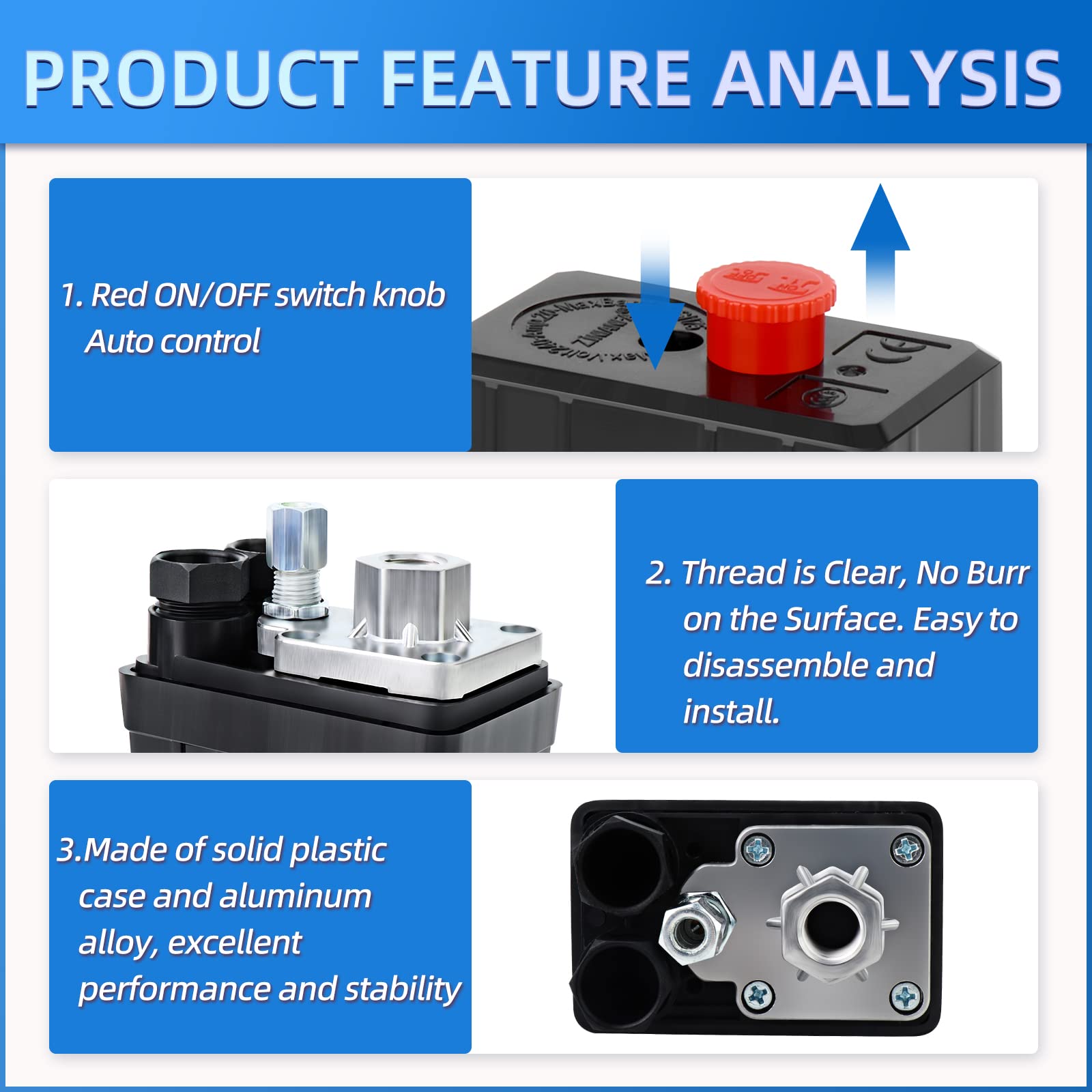 Meanlin Measure Air Compressor Pressure Switch Control Valve 90 120 Psi 110V 240V 1 Way Replacement Parts With Teflon Tape