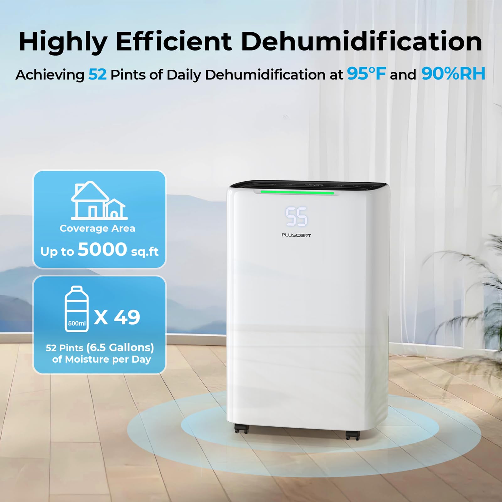 5000 Sq.Ft Dehumidifier For Basement, Pluscent 52 Pints Quiet Dehumidifiers With Drain Hose For Home Large Room Bedroom, Smart H
