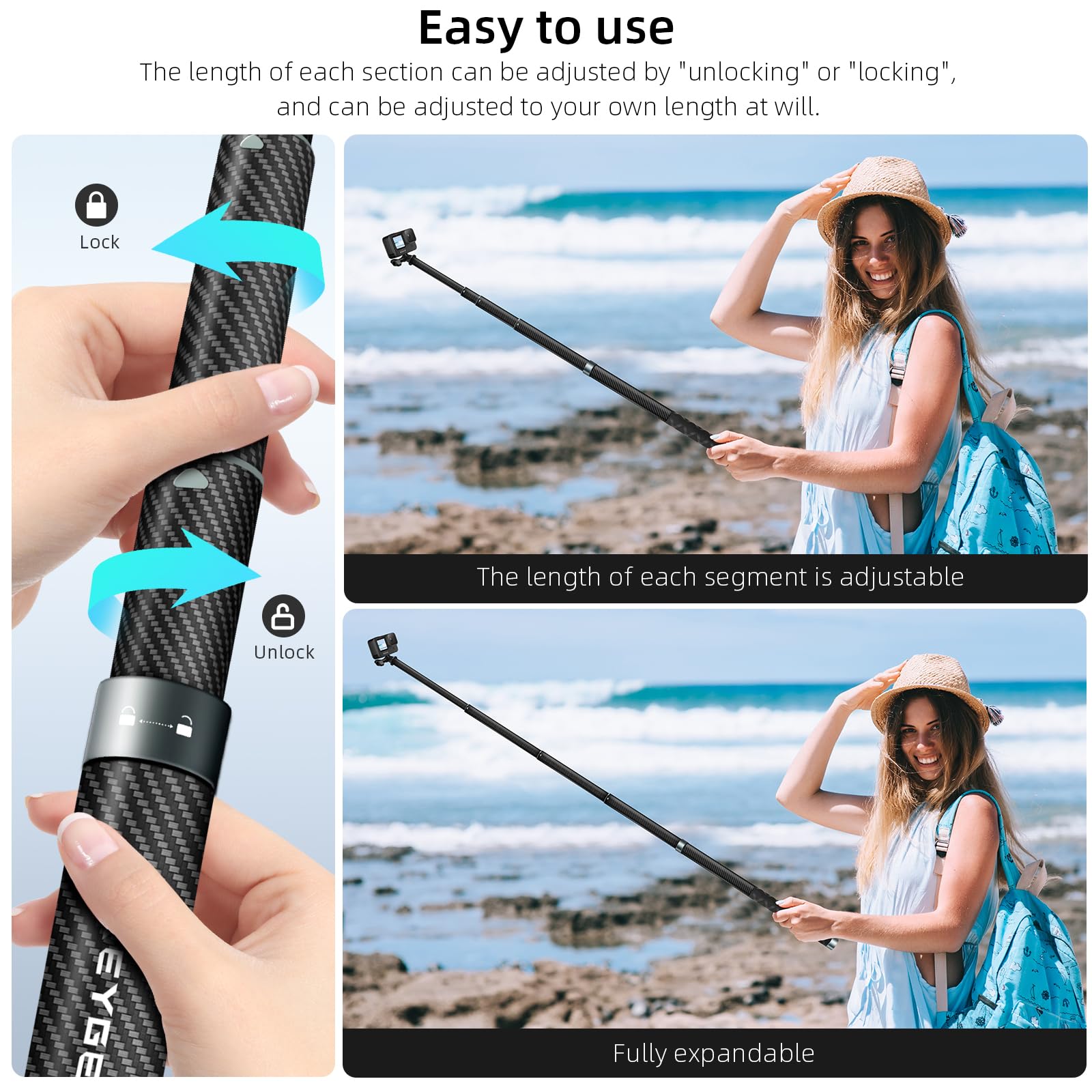 Reygeak 59 Inch Selfie Stick Long Invisible Pole For Gopro 13 Carbon Fiber Waterproof Extension Monopod For Gopro Hero 13/12/11/