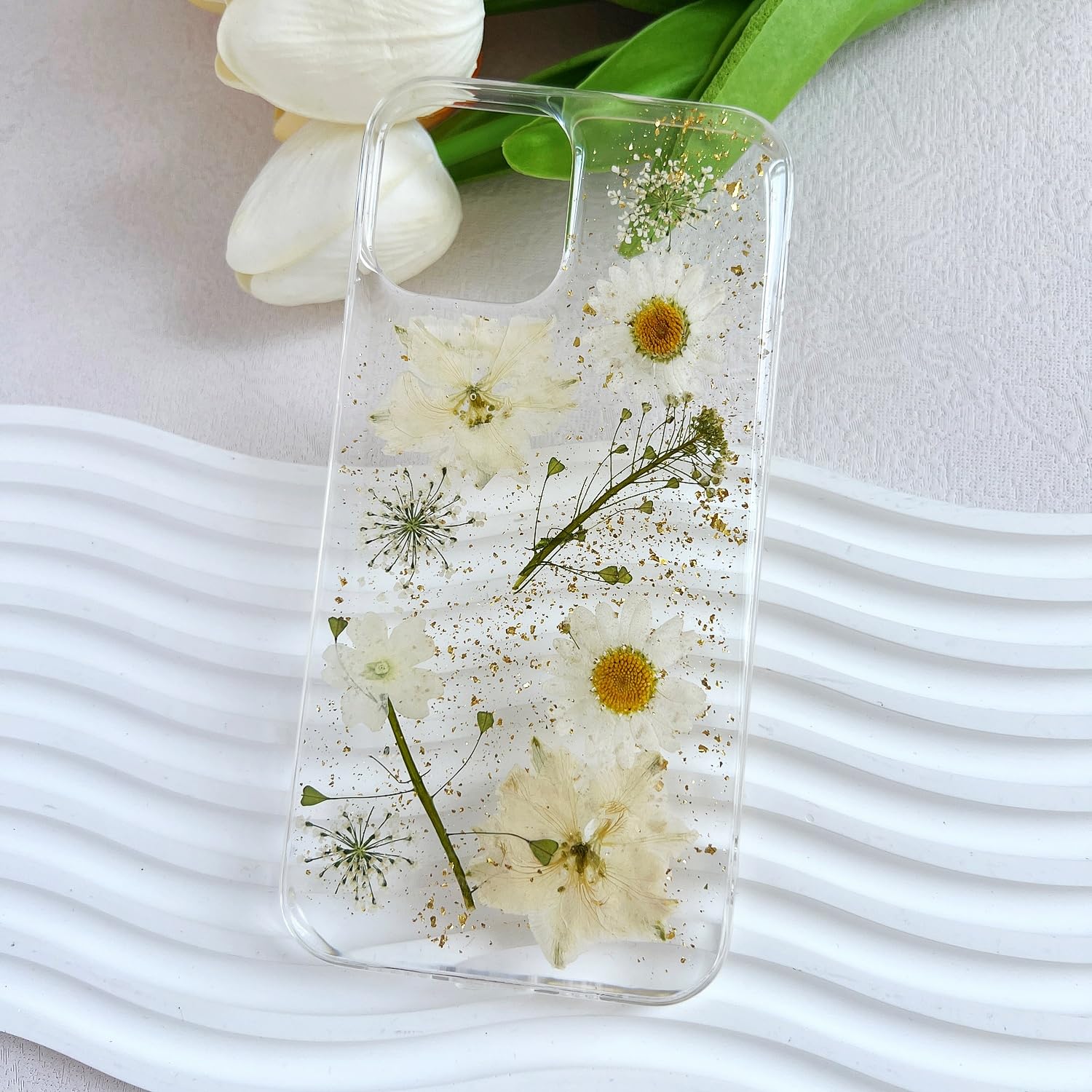 Lseeka For Iphone 12 Pro Max Clear Case With Pressed Real Flowers Design,Glitter Cute White Floral Pattern Slim Soft Tpu Protect