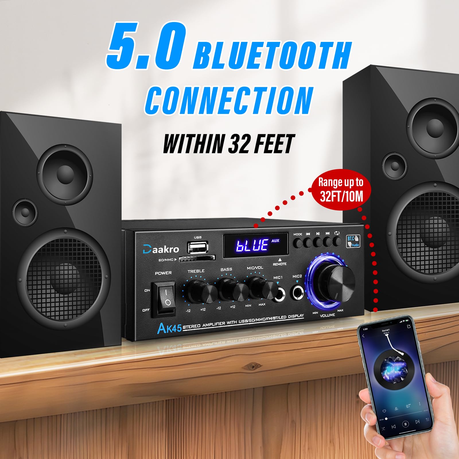 Daakro Ak45 Stereo Audio Amplifier,300W Home 2 Channel Wireless Bluetooth 5.0 Power Amplifier System, Home Amplifiers Fm Radio,