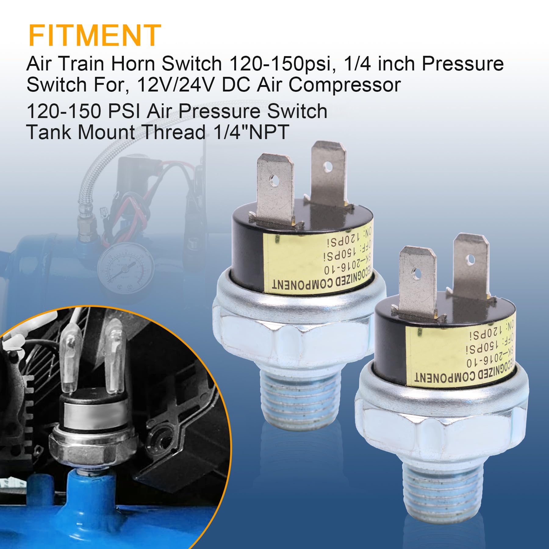 2 Piece Air Pressure Switch 120 150 Psi Tank Mount Thread 1/4'' Npt 12V/24V Dc Train Horn Valve 120 150Psi 1/4 Inch Air Compress