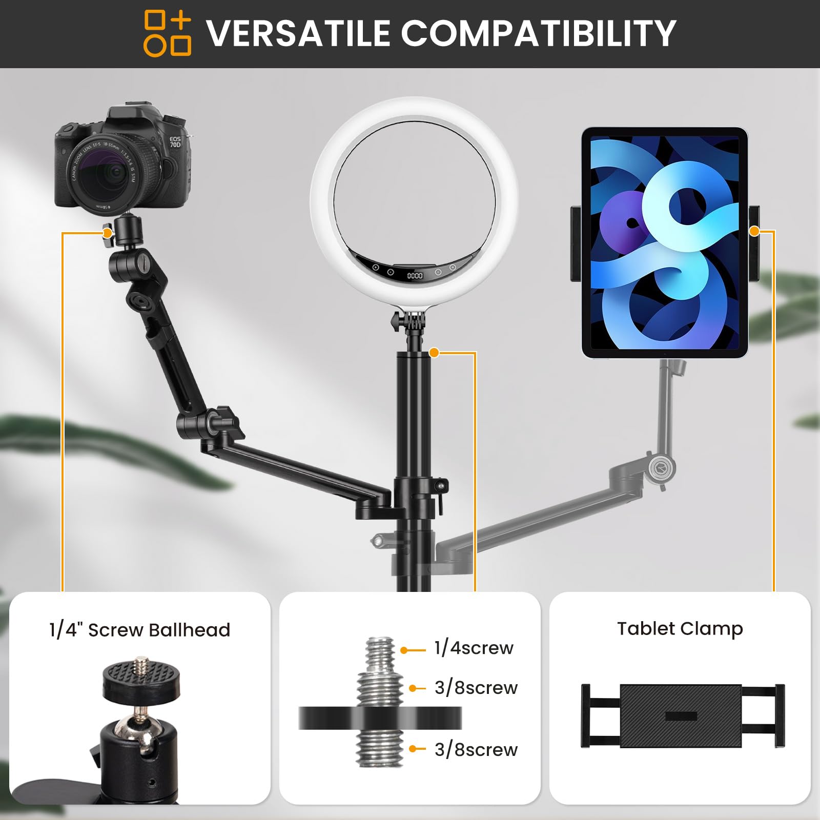 Tarion Camera Arm Mount Desk Stand: Heavy Duty Dslr Desktop Mount Camera Stand With Tablet Holder Double C Clamp 1/4 3/8 Screw Adapter Articulating Arm For Selfie Streaming Videography Titanrig Lite Z