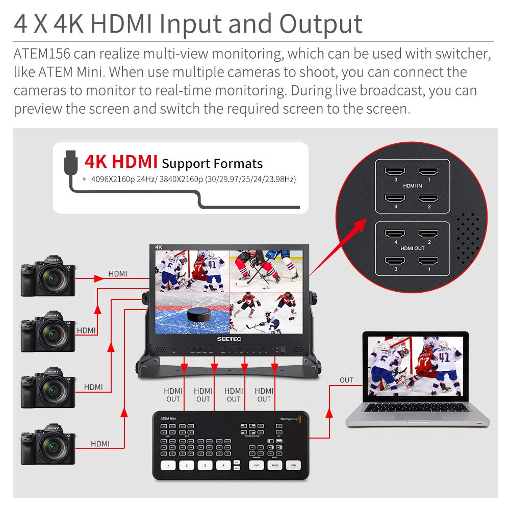 Seetec Atem156 15.6'' 4 Hdmi Input Output Quad Split Display For Atem Mini Video Switcher Live Streaming Broadcast Director Moni