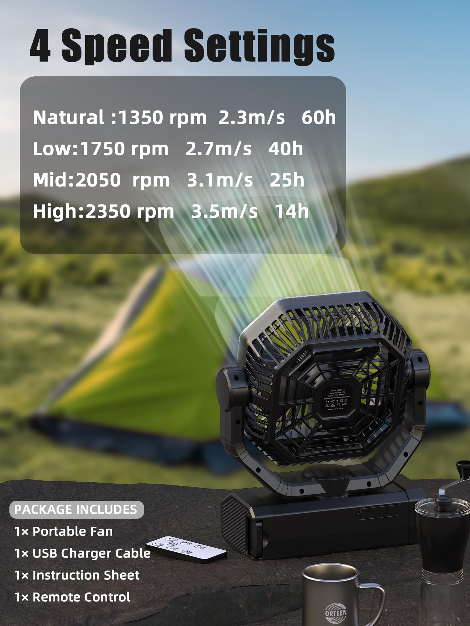 Portable Rechargeable Fan   9 Inch Camping Fan For Tent, 10000Mah(30Hrs) Battery Operated Fan For Camping, Auto Oscillation Cord