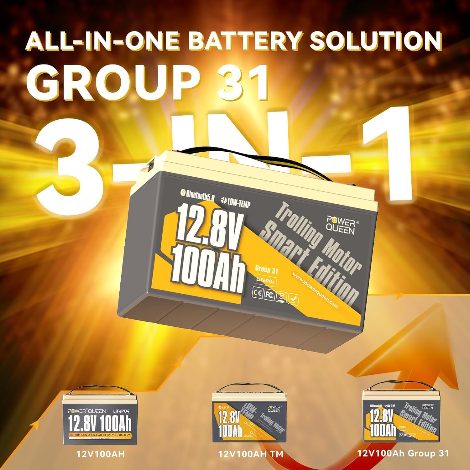 Power Queen 12V 100Ah Group 31 Lifepo4 Battery Bluetooth 5.0, Deep Cycle Lithium Battery Max. Output Power 1280W, 100A Bms With