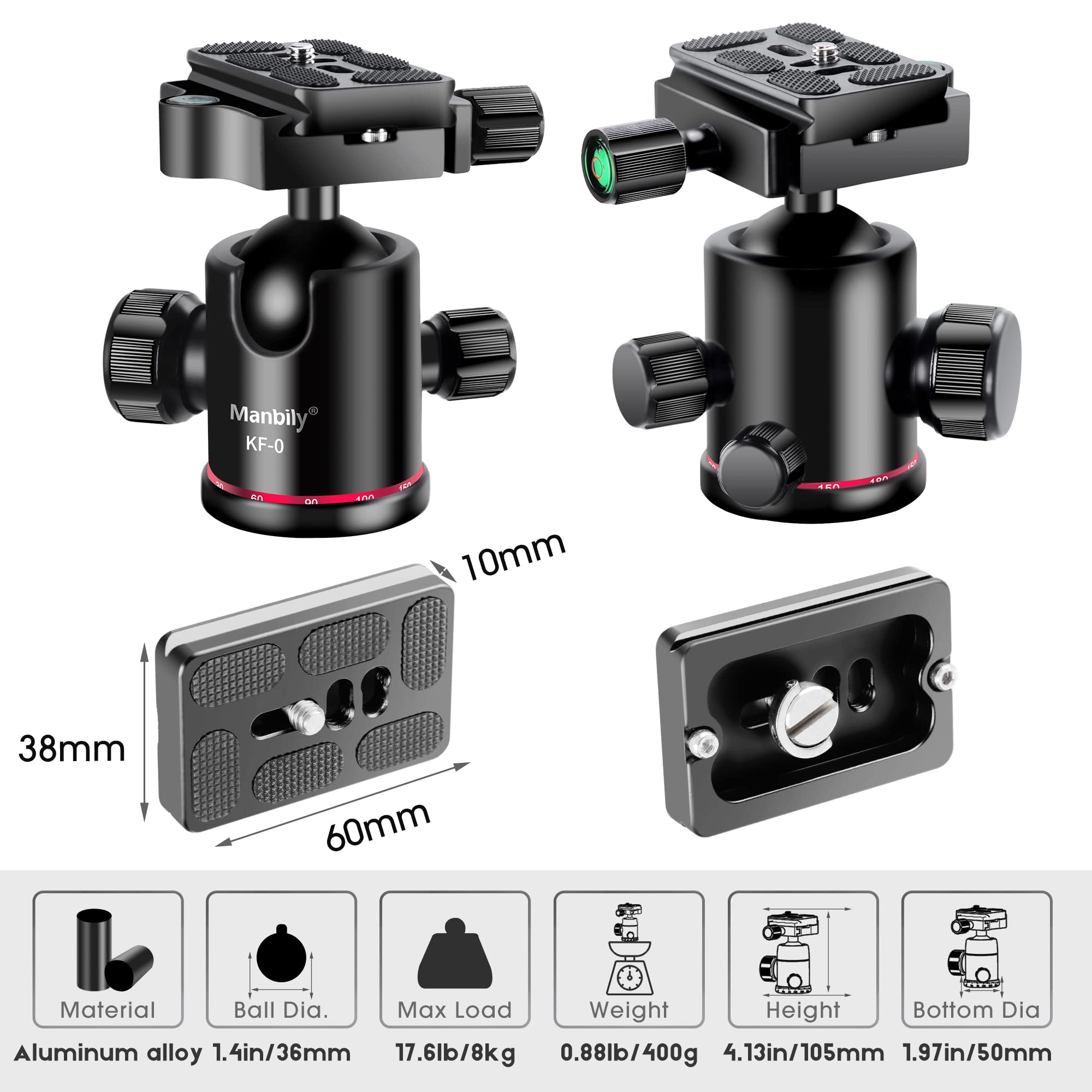 Ball Head Manbily Tripod Head Metal Aluminum Body 360� Panoramic Monopod Head With Extra Arca Swiss Quick Release Plate, Load Up To 17.6Lbs/8Kg,Camera Head For Dslr, Camcorder, Slider (Red)