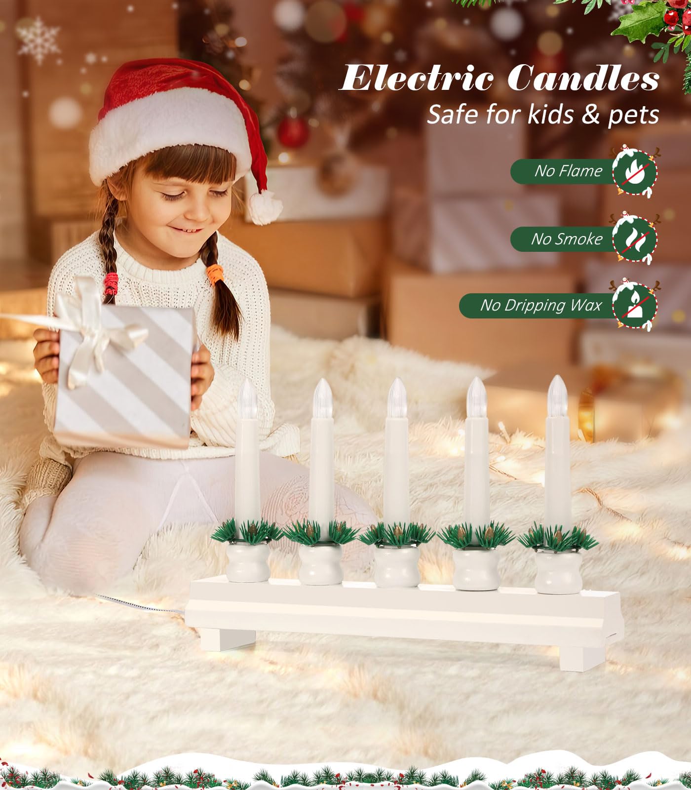 Lewondr Christmas Swedish Candelabra, Electric Candles With 5 Flameless Taper Candles, Wooden Candle Bridge Light With Usb Power