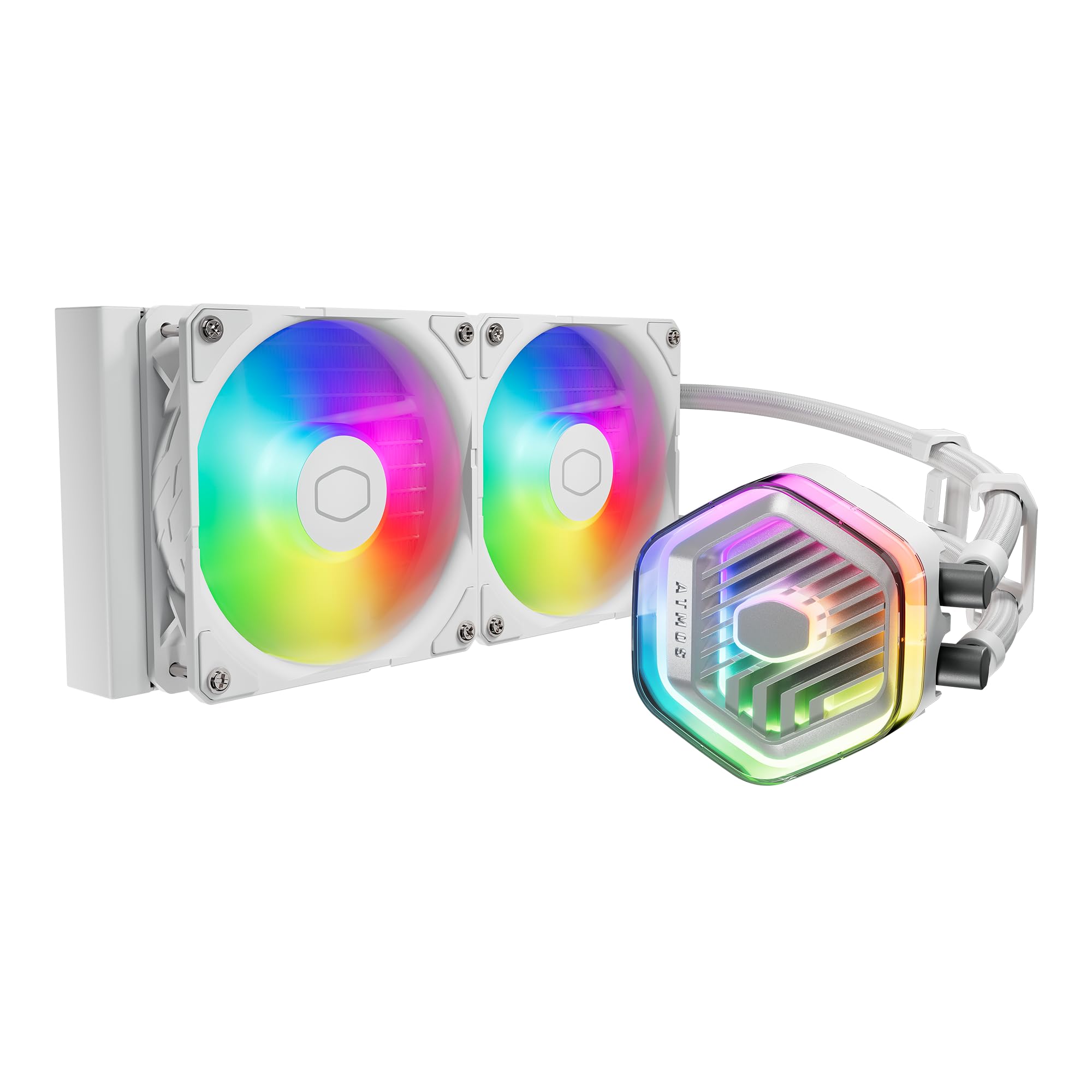 Cooler Master 240 Atmos White ARGB Close-Loop AIO Liquid Cooler, Customize Pump Cap, Coldplate Pump, Sickleflow Edge PWM Fans, 2