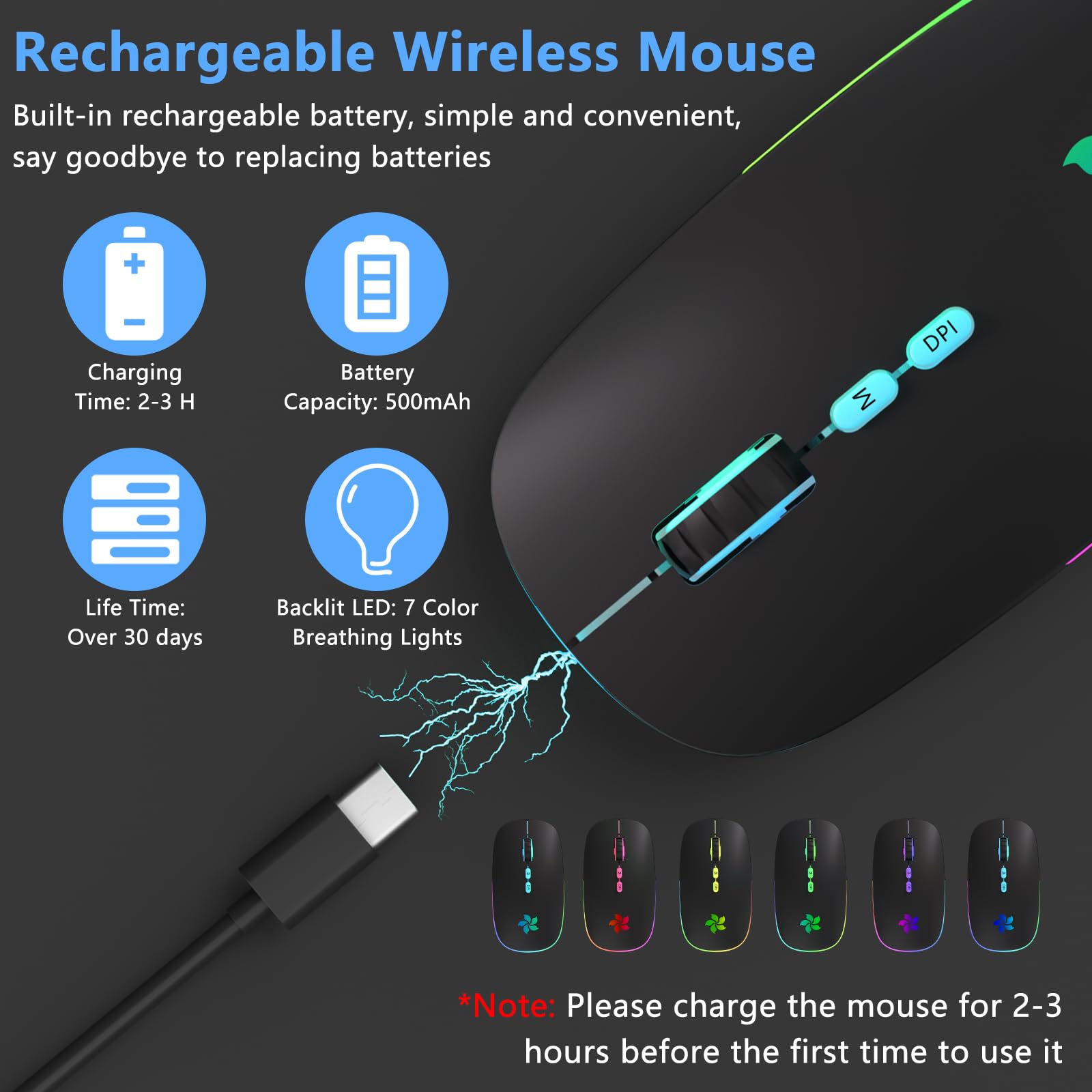 Karfun Wireless Mouse, Bluetooth Mouse & 2.4Ghz Two Mode Wireless Mouse, 7 Color Breathing Lights Computer Mouse For Laptop/Macb