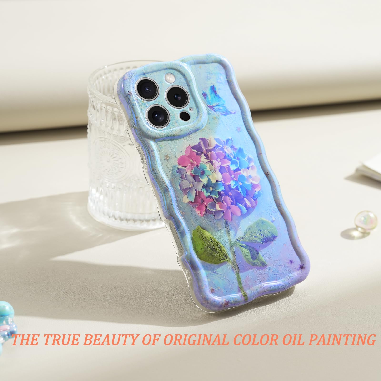 Sheheme For Iphone 16 Pro Case [With 9H Screen Protectors] Wave Bumper Colorful Oil Painting Flowers Print Blue Glossy Soft Tpu