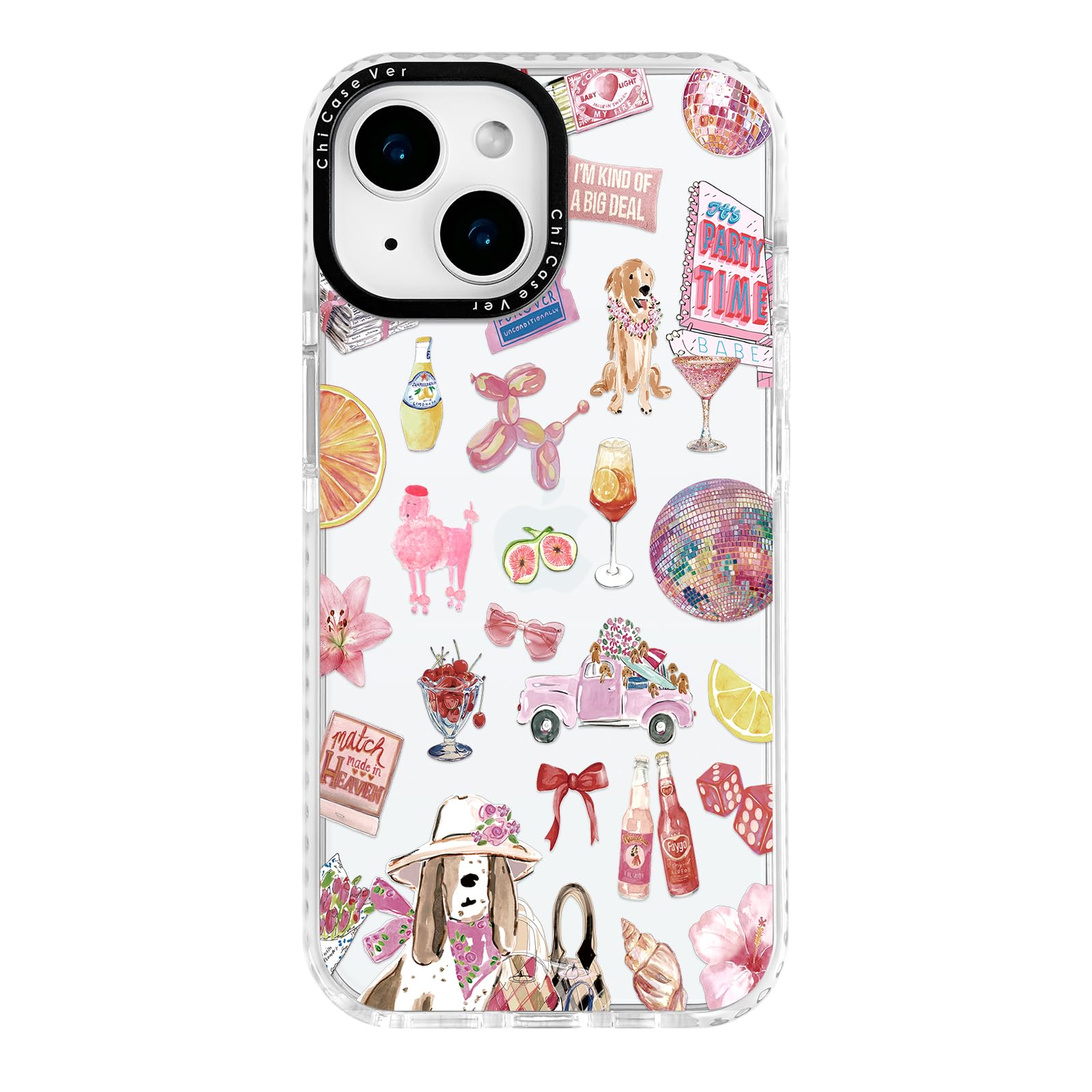 ChiCaseVer for iPhone 14 Case, Party Time Collage Pattern with Girly Pink Cocktails, Military-Grade Drop Protection, Girly Pink 