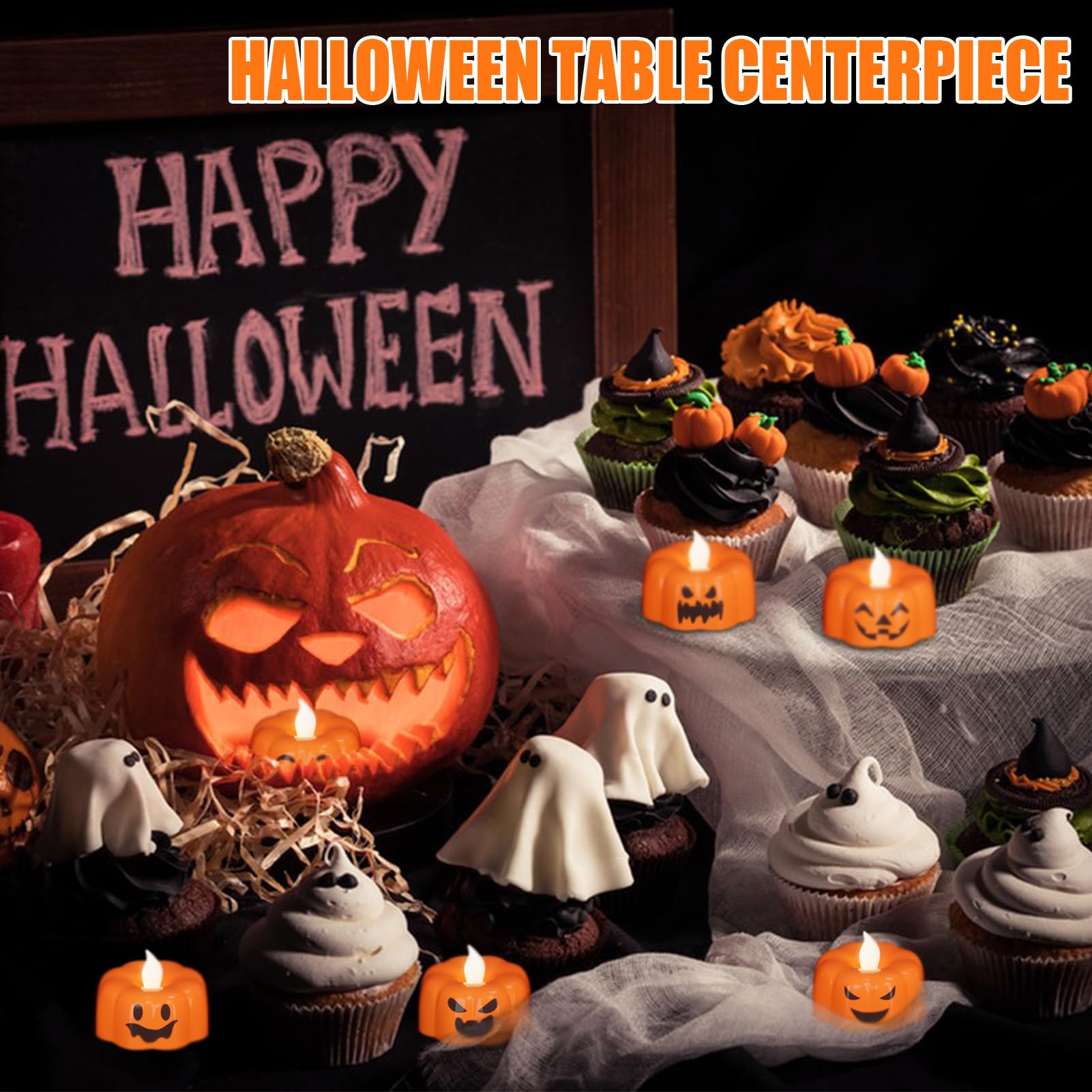 Kunswenn Halloween Pumpkin Tea Lights Candles Battery Operated With Timer, 6 Pack Flameless Led Tealight Candles For Halloween P