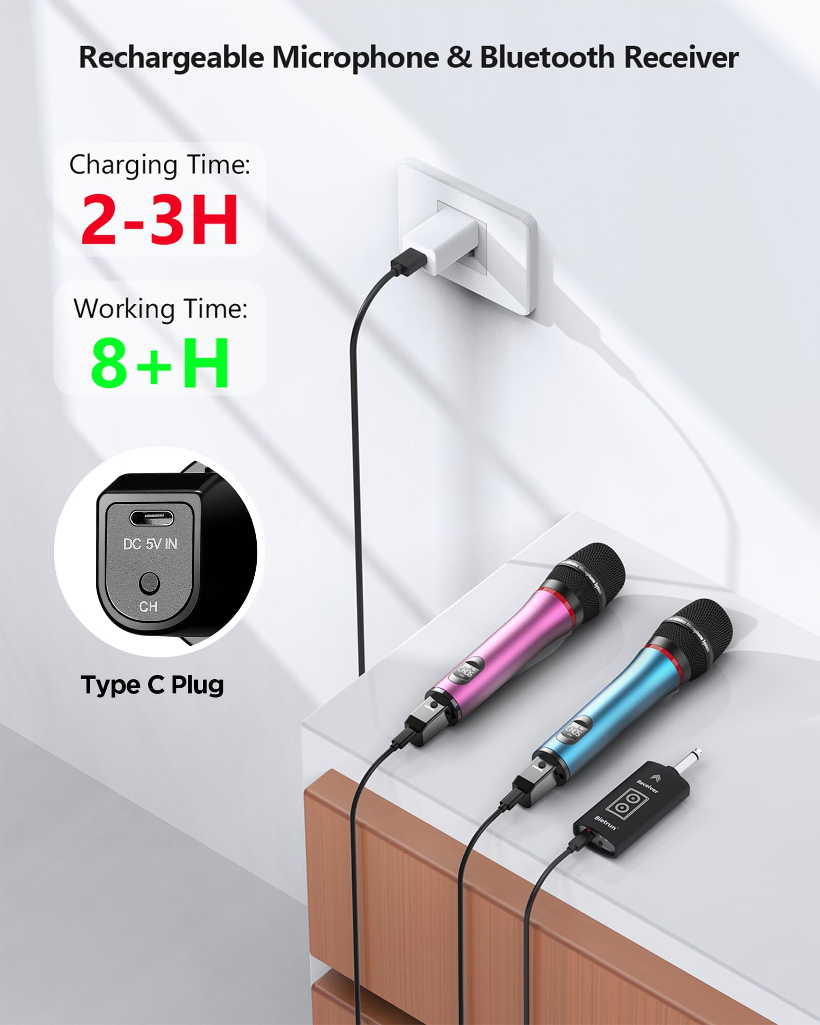 Bietrun Rechargeable Wireless Microphone, Dual Metal Cordless Handheld Dynamic Wireless Mics With Bluetooth, Uhf 240Ft Range, Fo